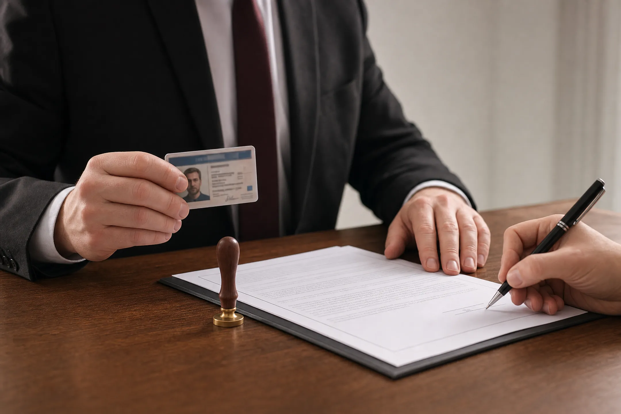 Notary public verifying signer identification before document signing