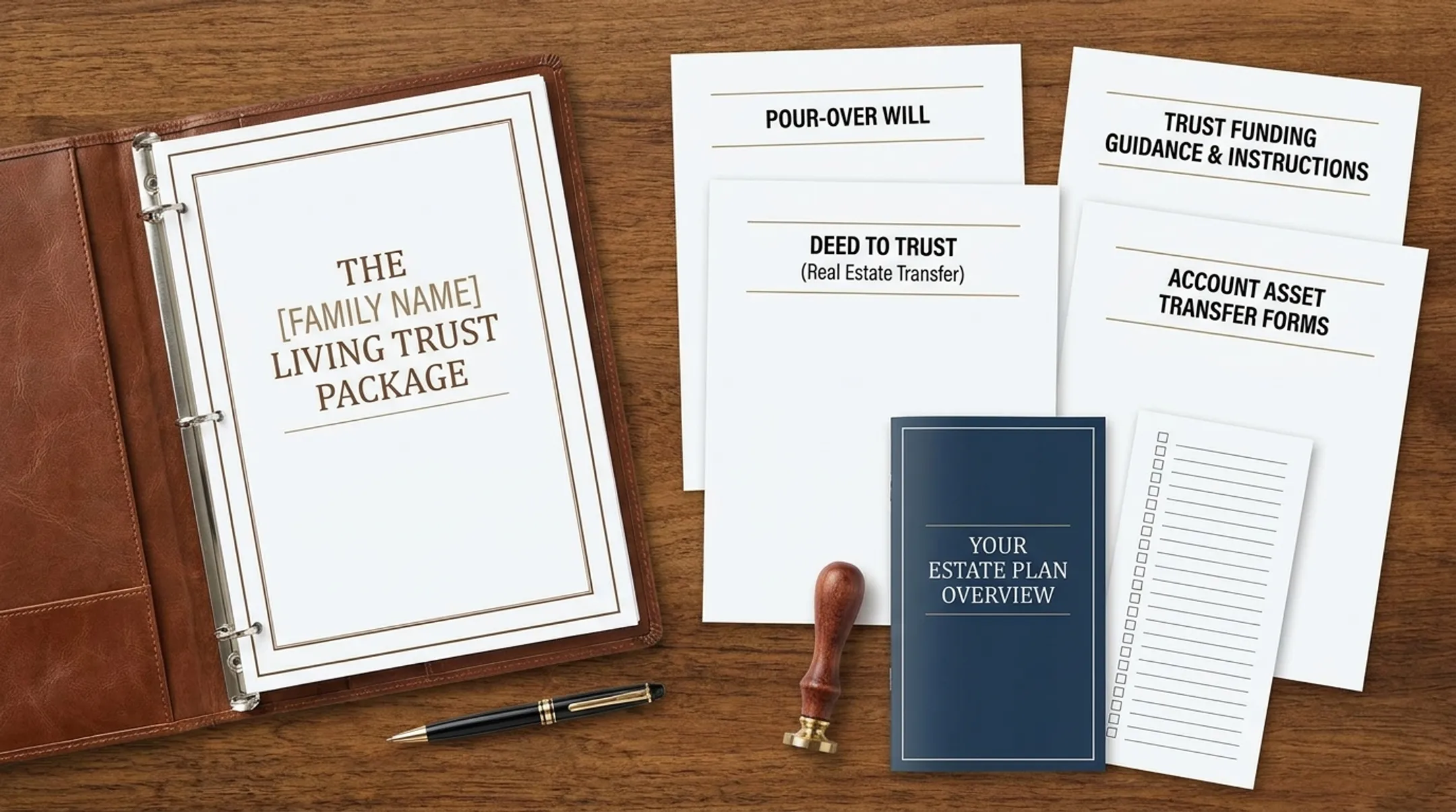 Living trust package documents including pour-over Will and funding guidance