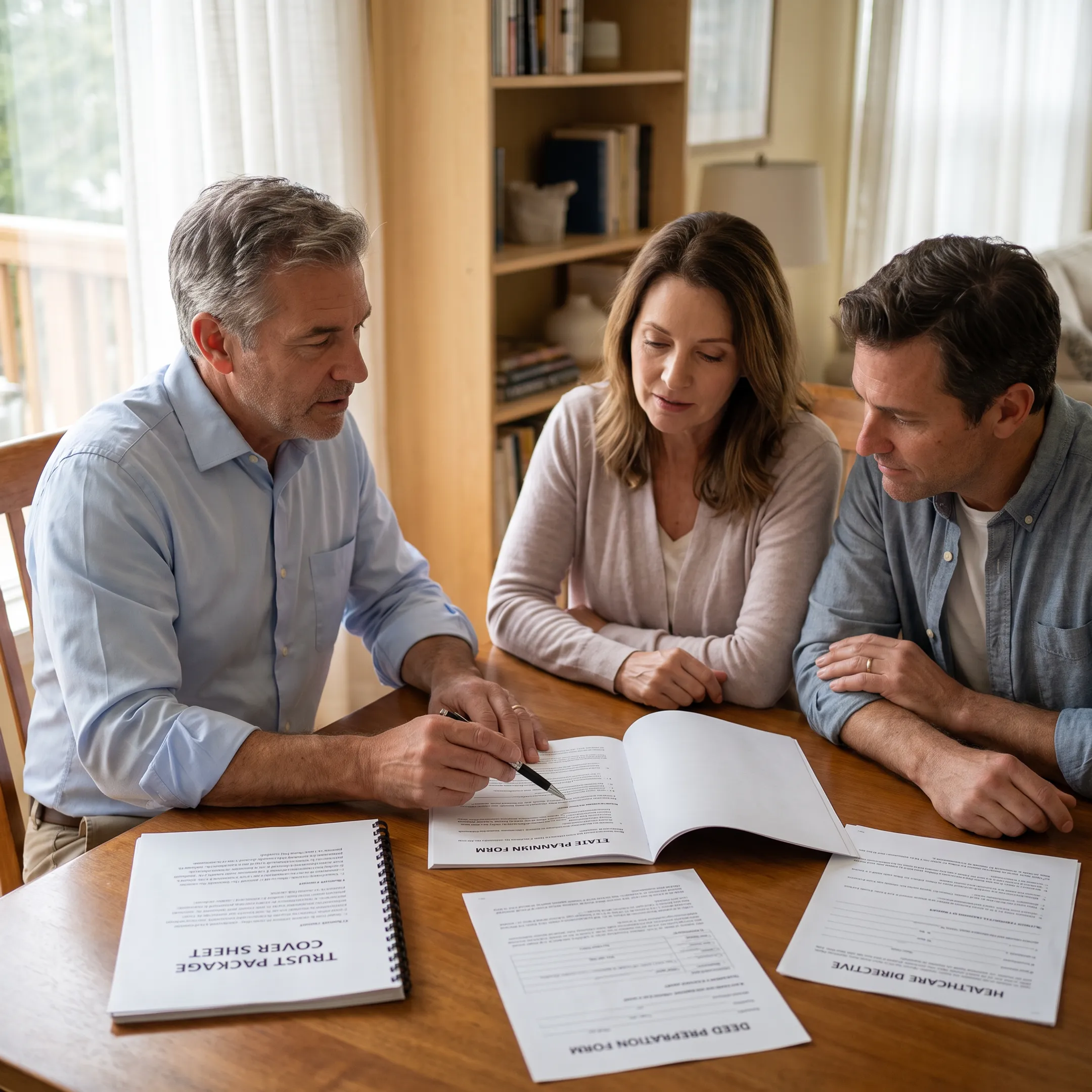 Estate planning professional explaining trust documents to a homeowner