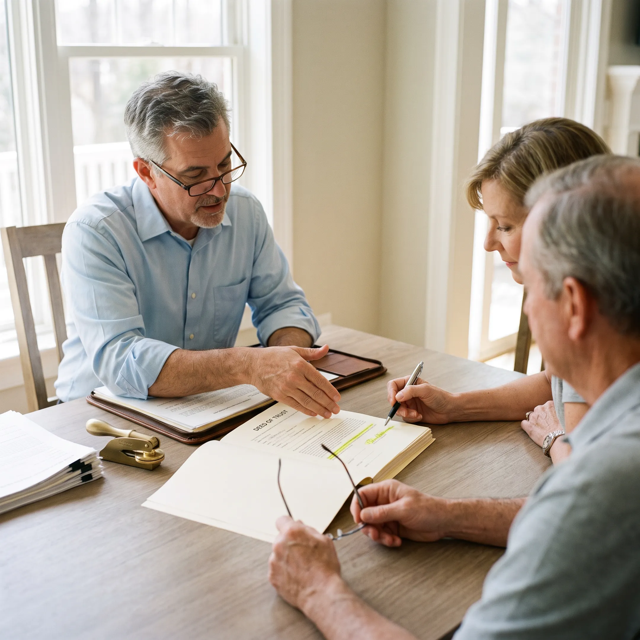 Notary assisting homeowners with property closing signatures