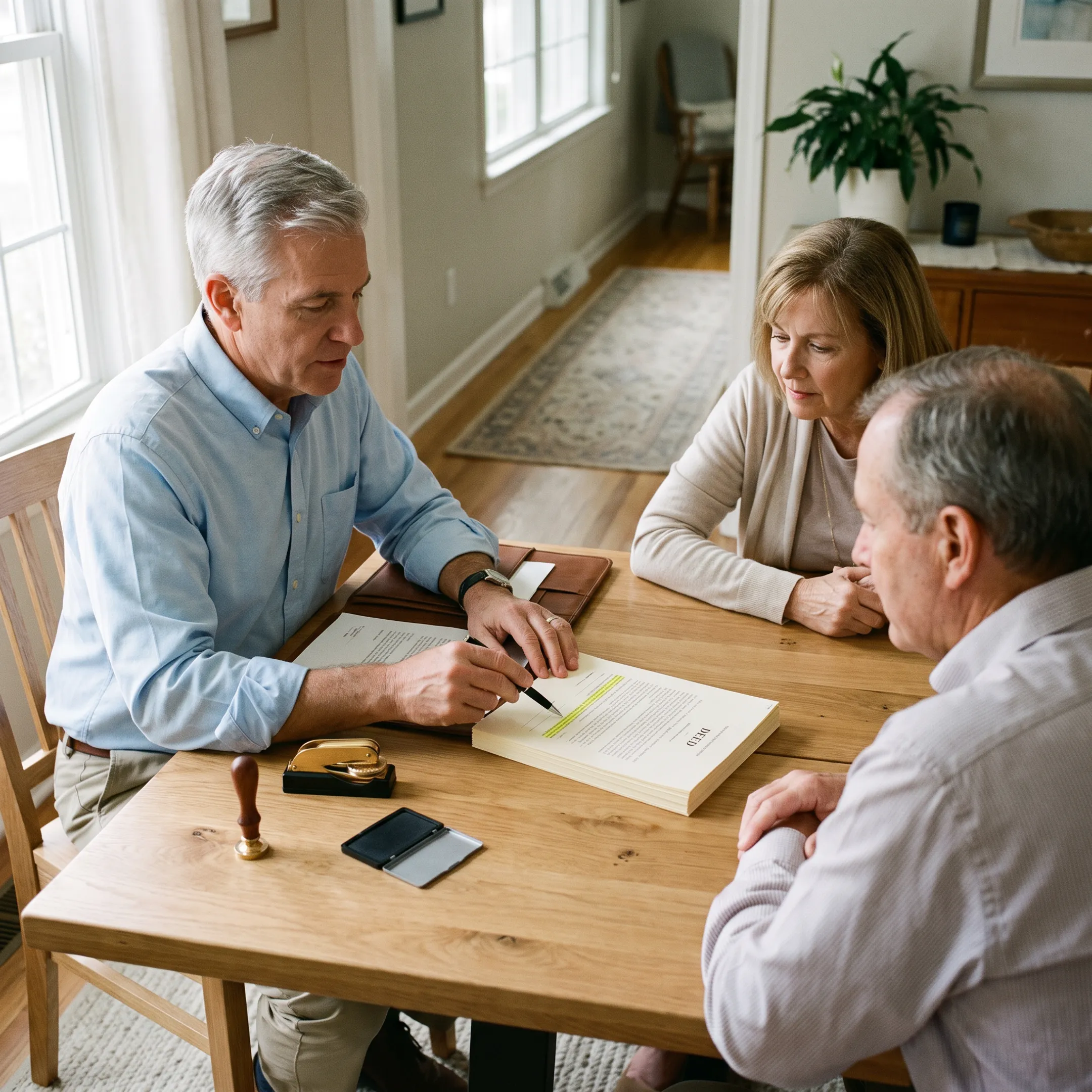 Mobile notary reviewing real estate closing documents with homeowners