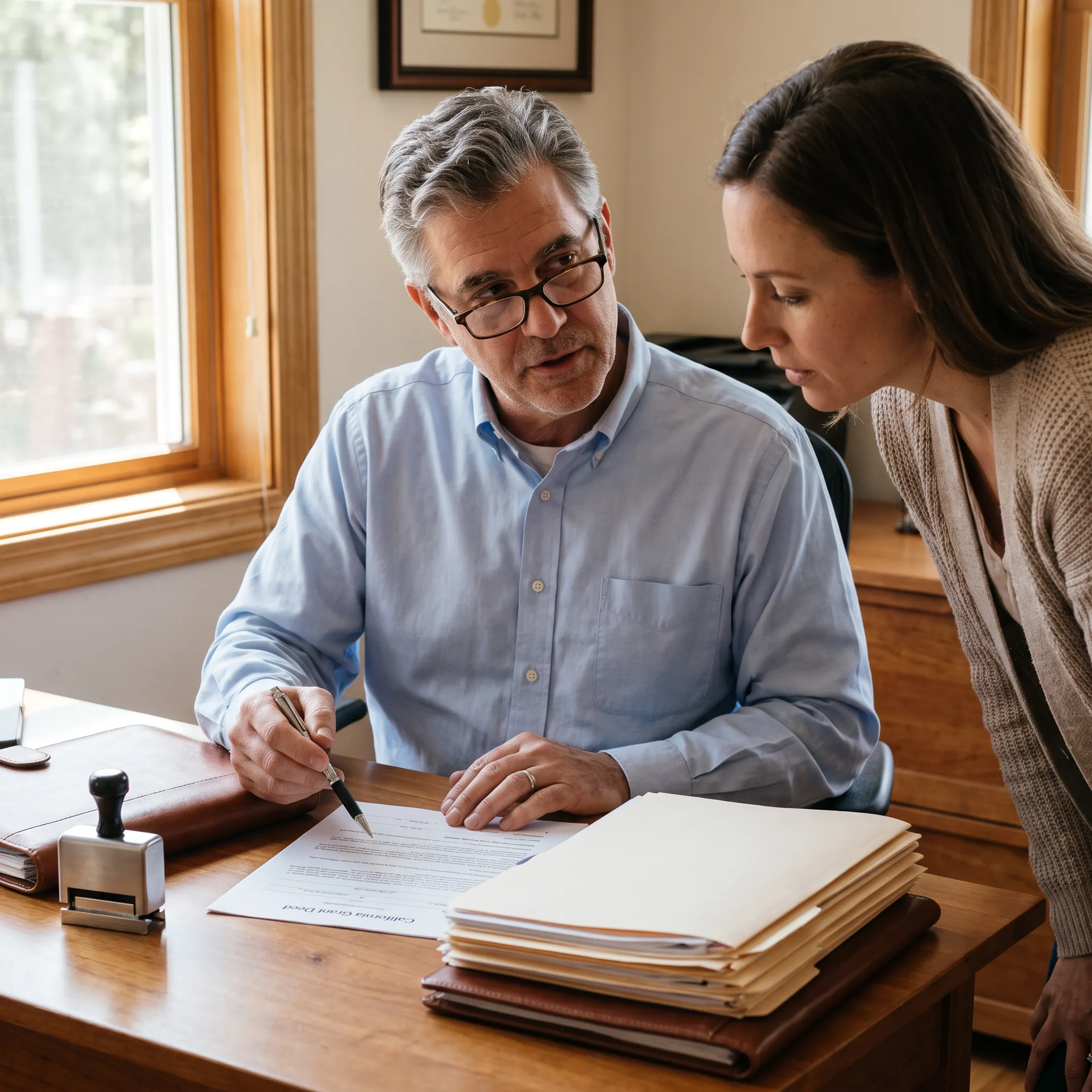 Homeowner reviewing a California deed with document preparer