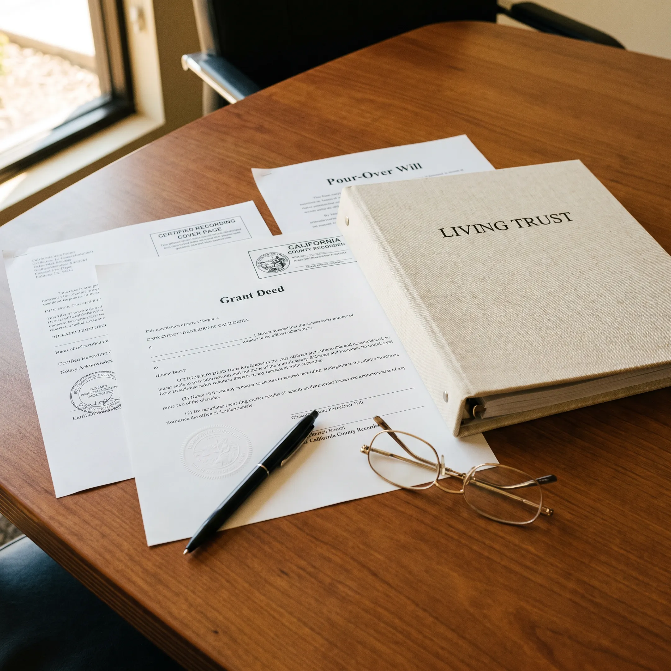 California deed and living trust documents prepared for property transfer