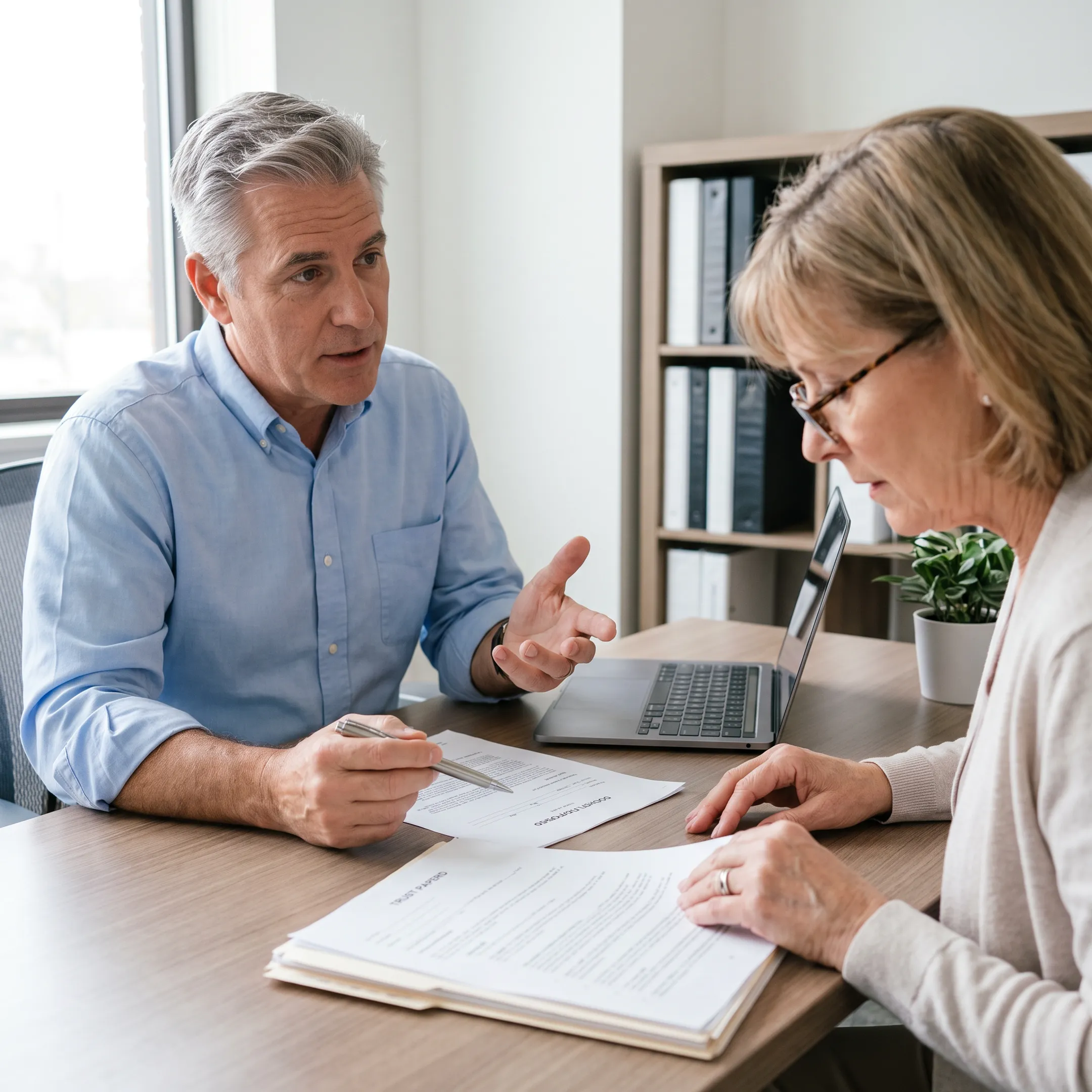 Document preparer reviewing California property trust documents with a homeowner