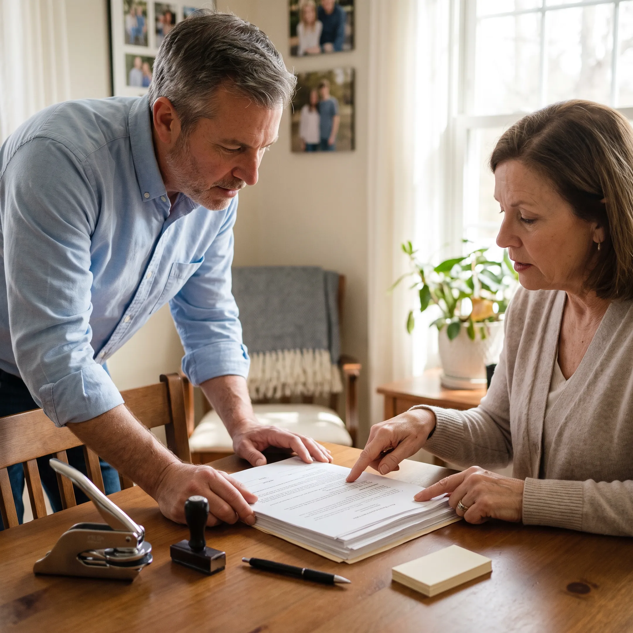 Mobile notary reviewing estate documents with a client at a home signing appointment