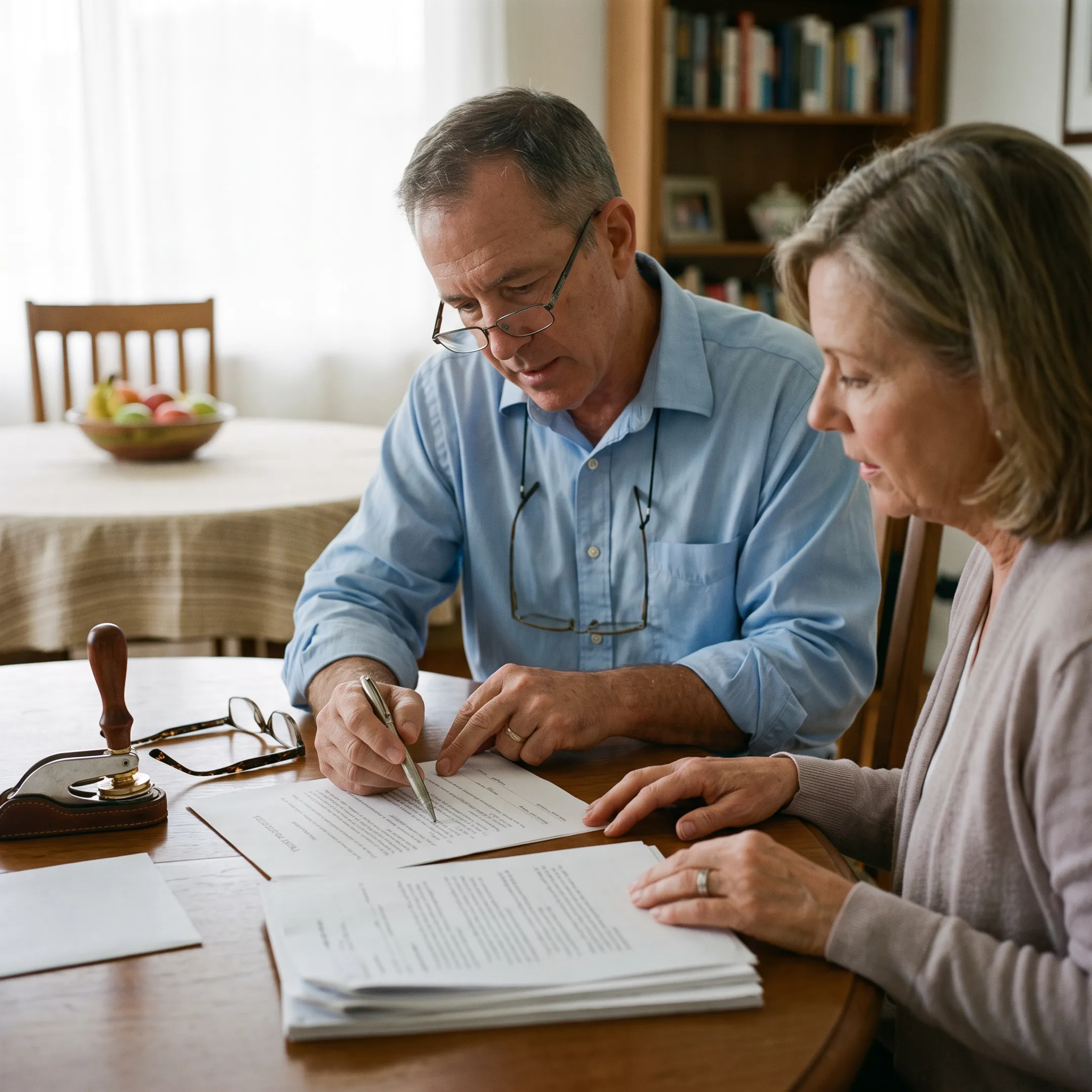Mobile notary reviewing estate documents with a client