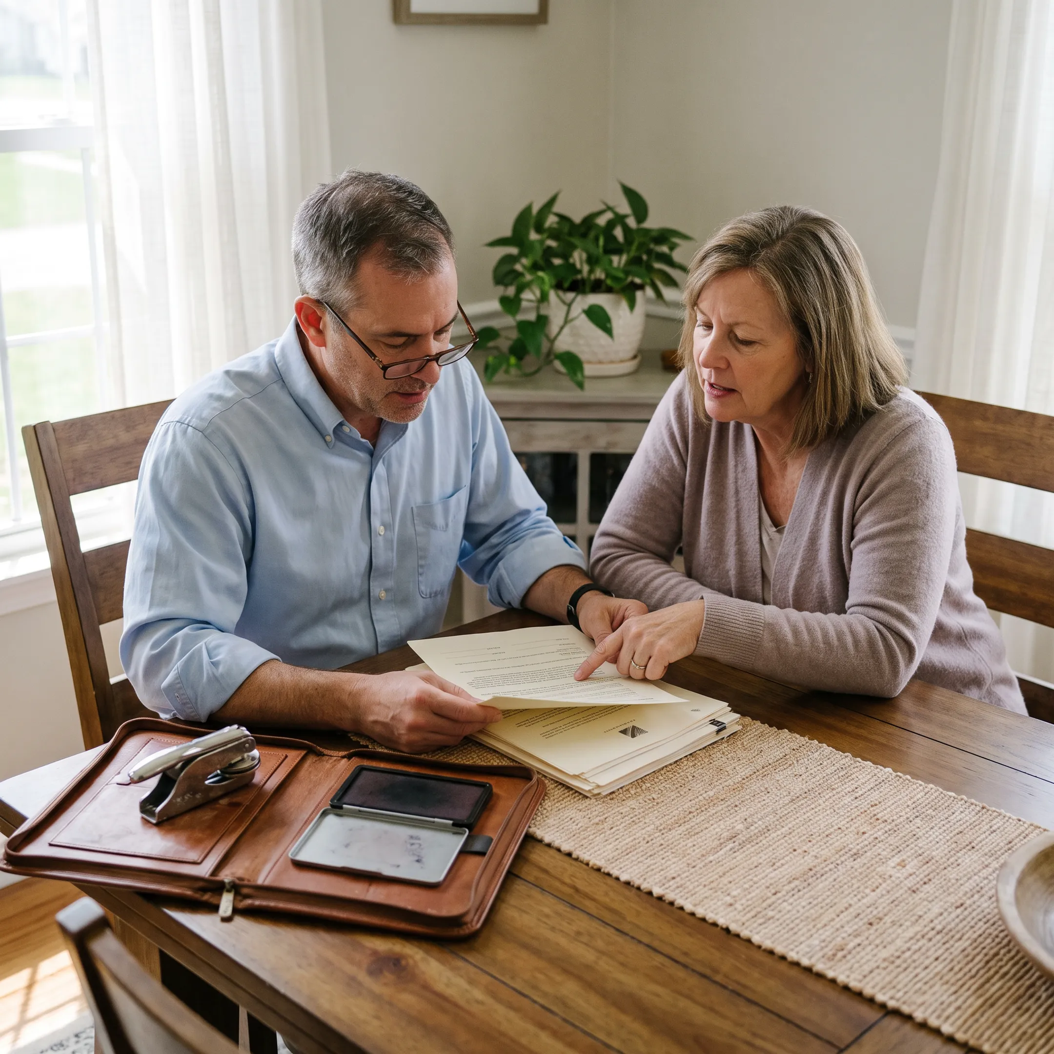 Mobile notary assisting with estate planning documents at a Santa Clarita home