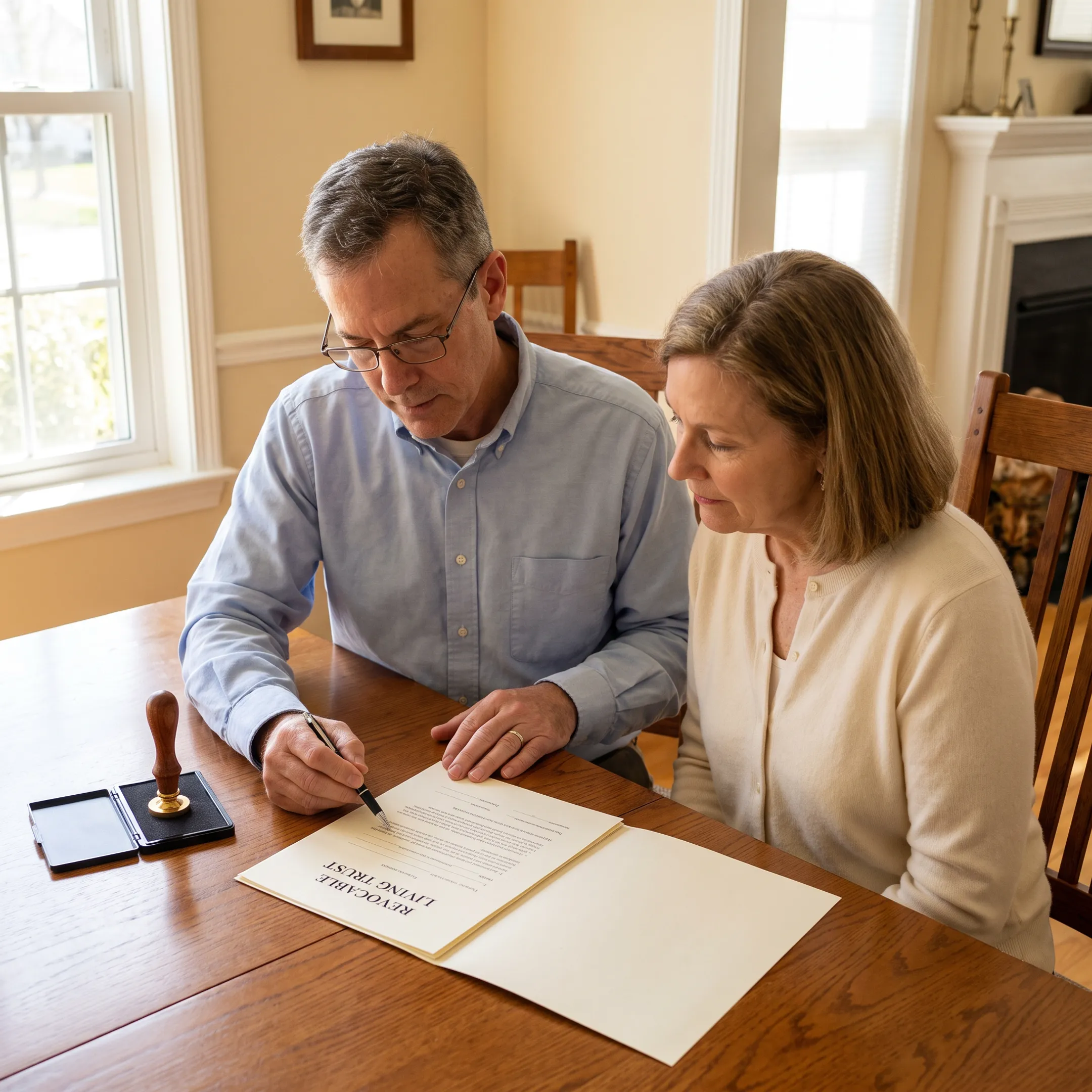 Mobile notary reviewing estate planning documents with a client