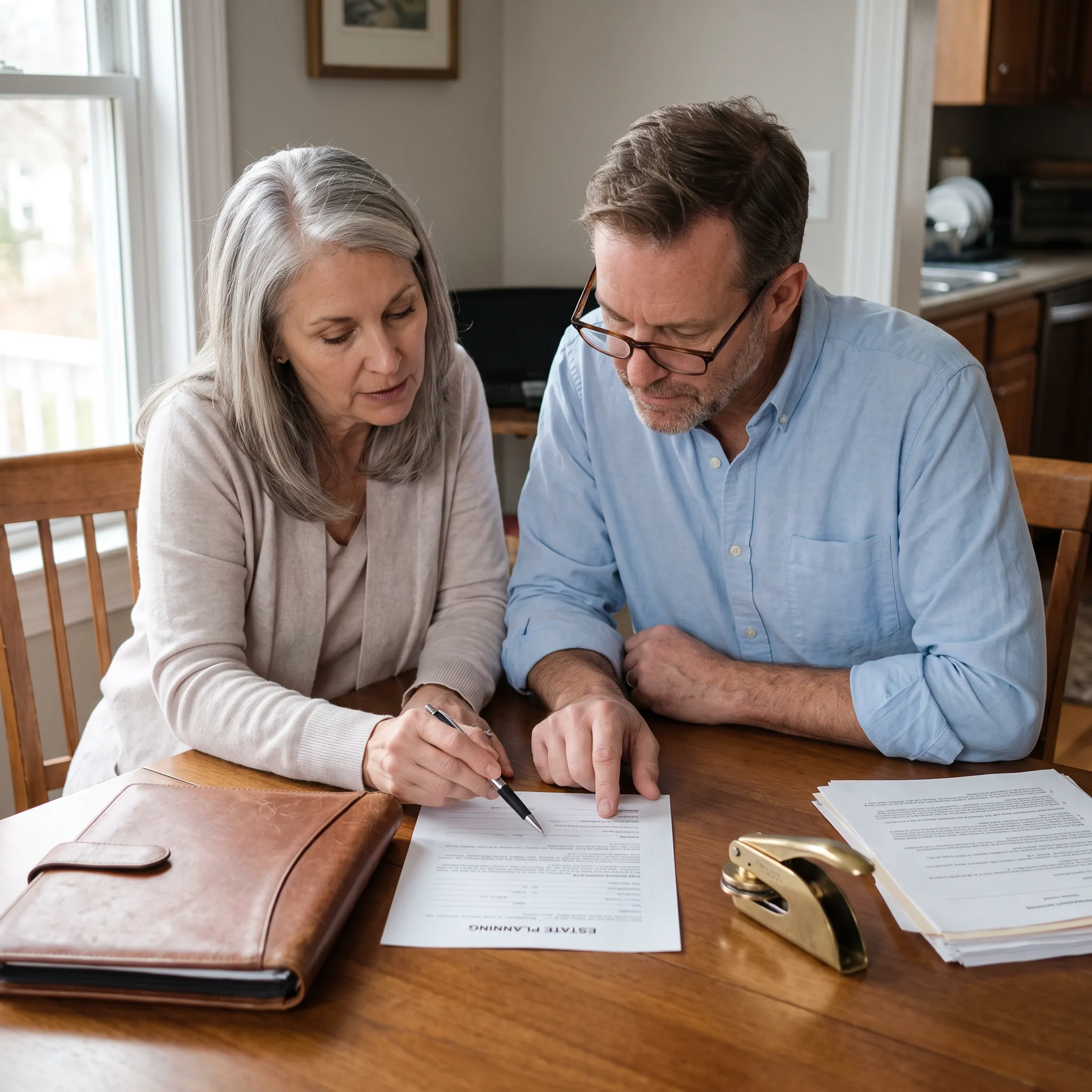 Mobile notary reviewing documents with a client at a home signing appointment