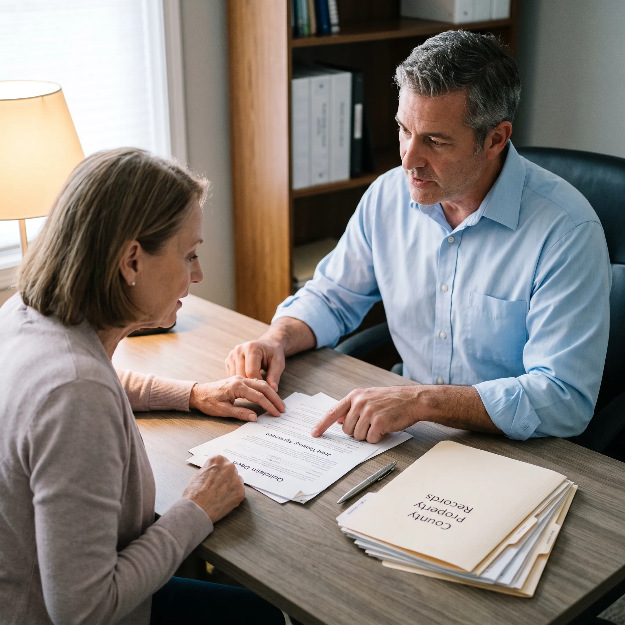 Homeowner reviewing a quitclaim deed with a document preparation professional