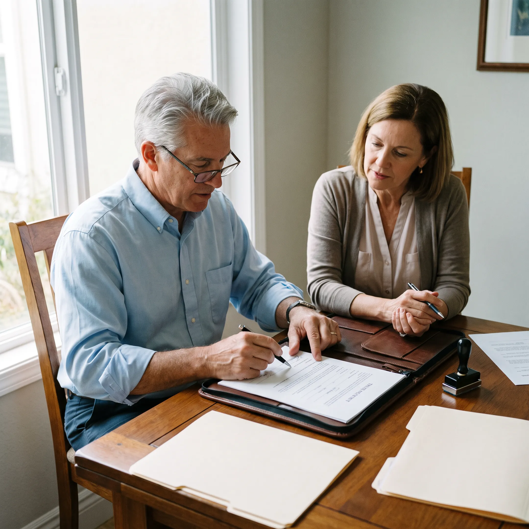 Notary assisting a client with trust documents at home