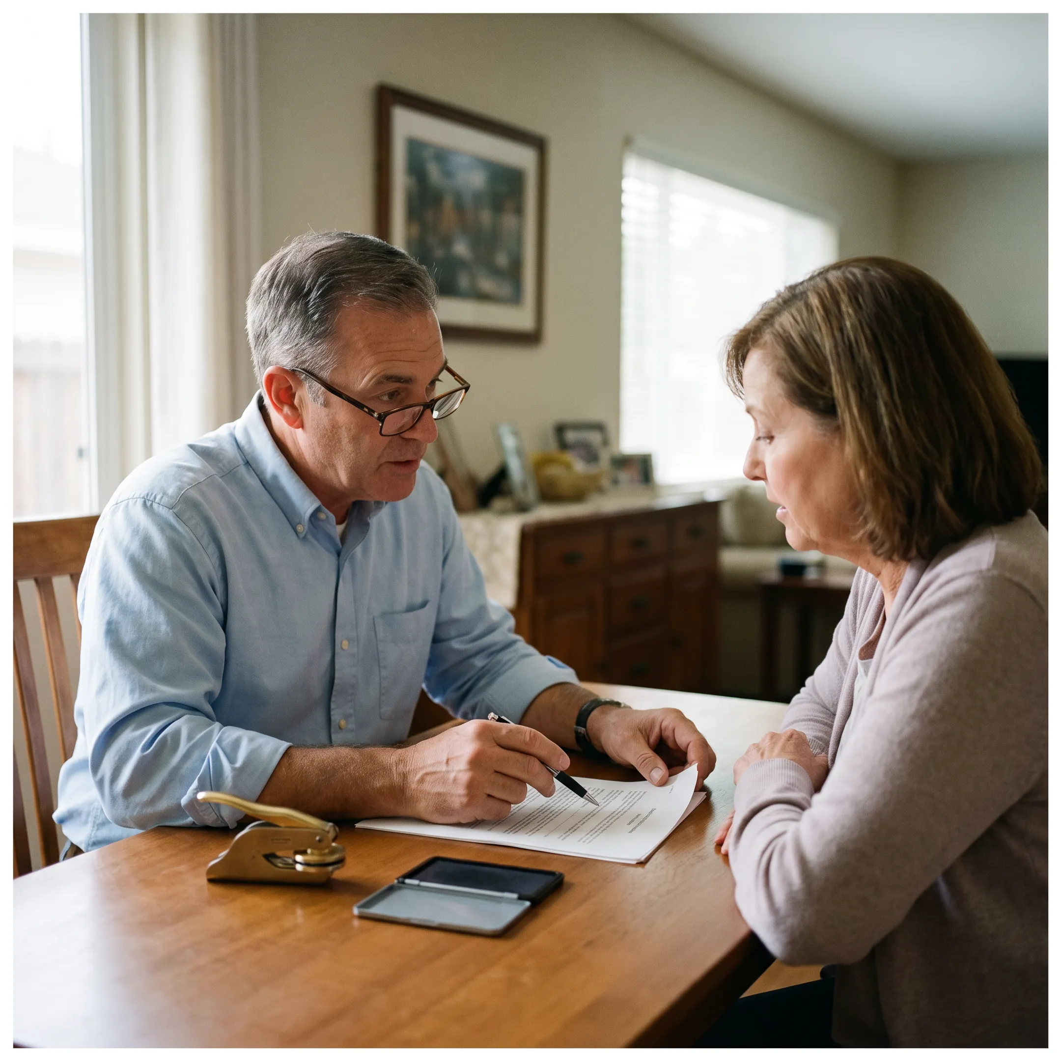 Mobile notary reviewing estate planning documents with a client in Santa Ana