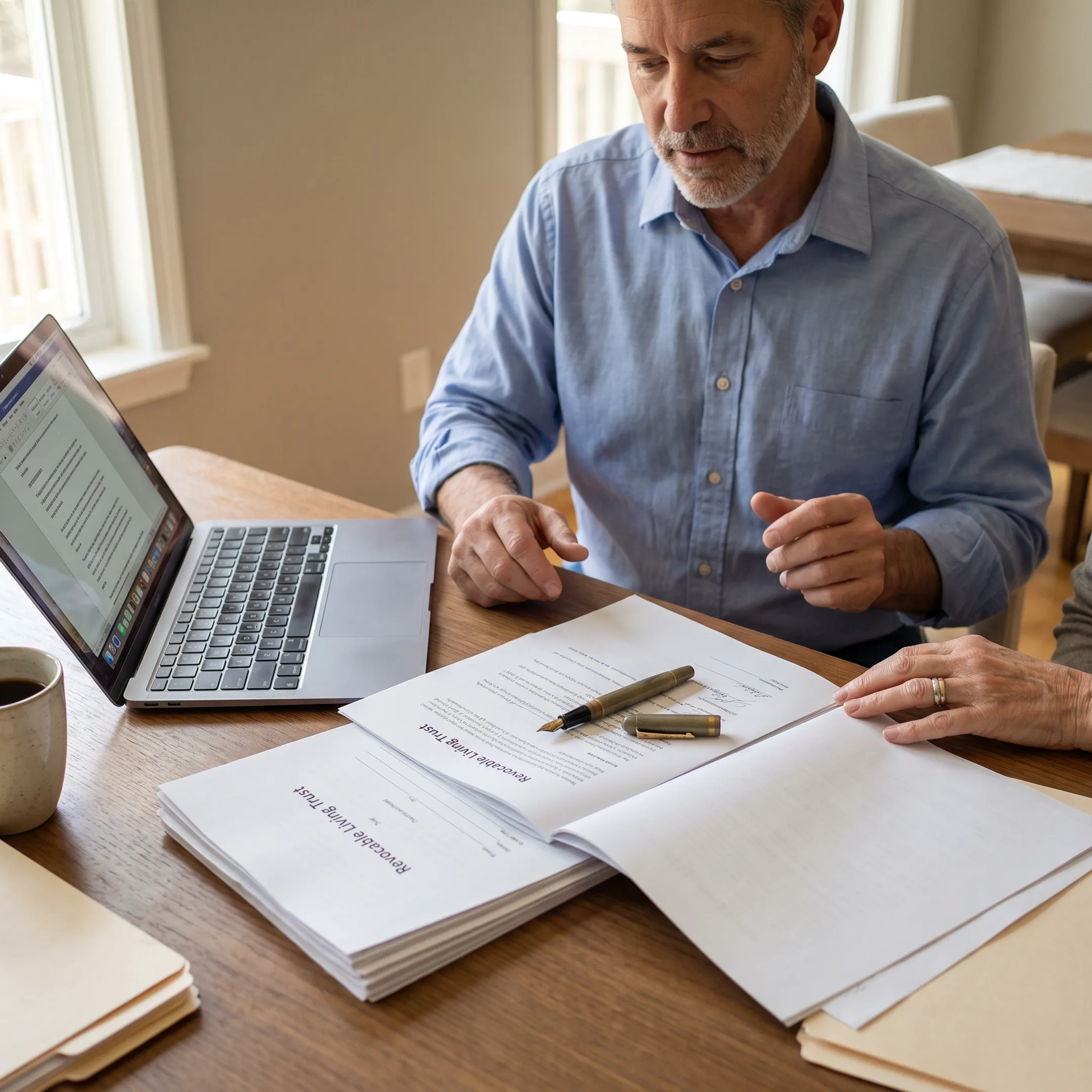 Online estate planning consultation with documents and laptop