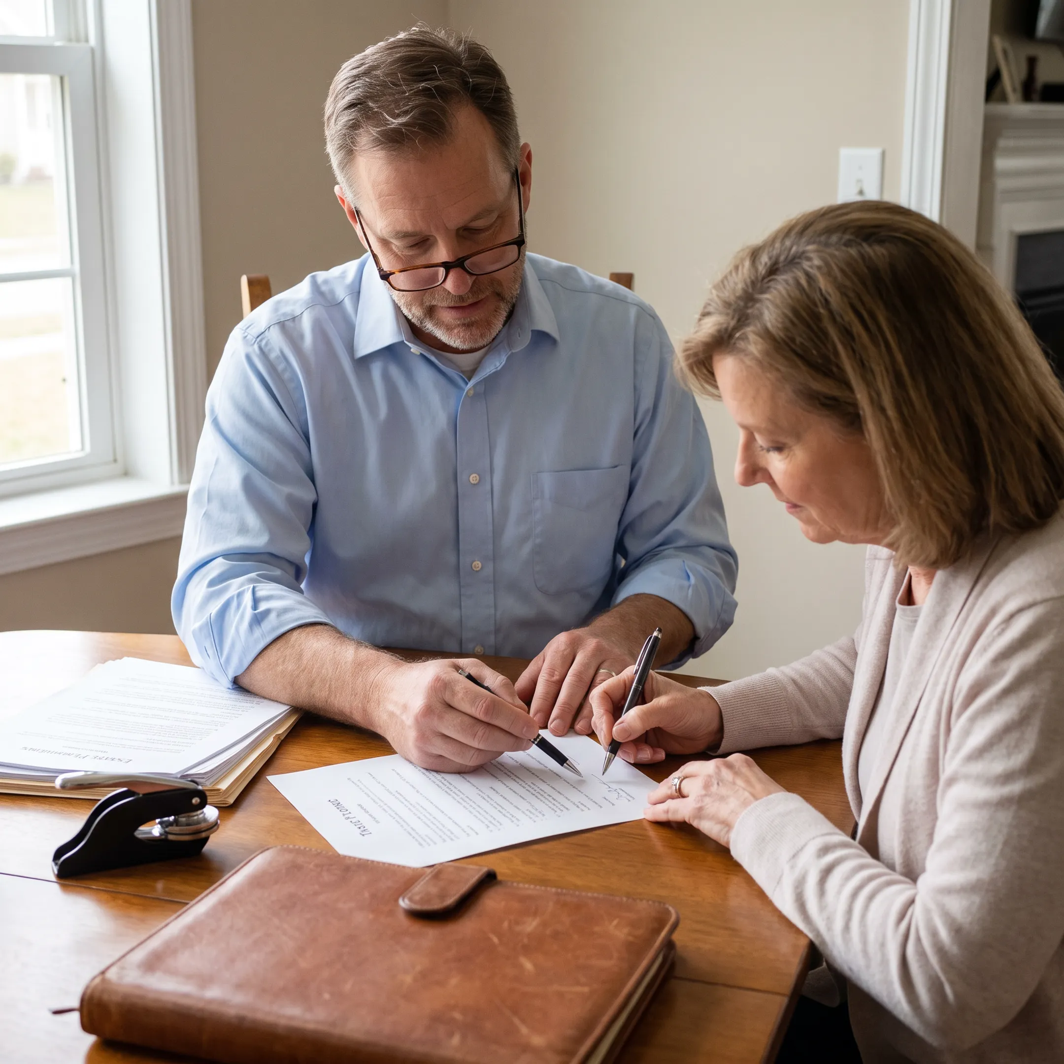 Notary assisting with trust documents at a client’s home