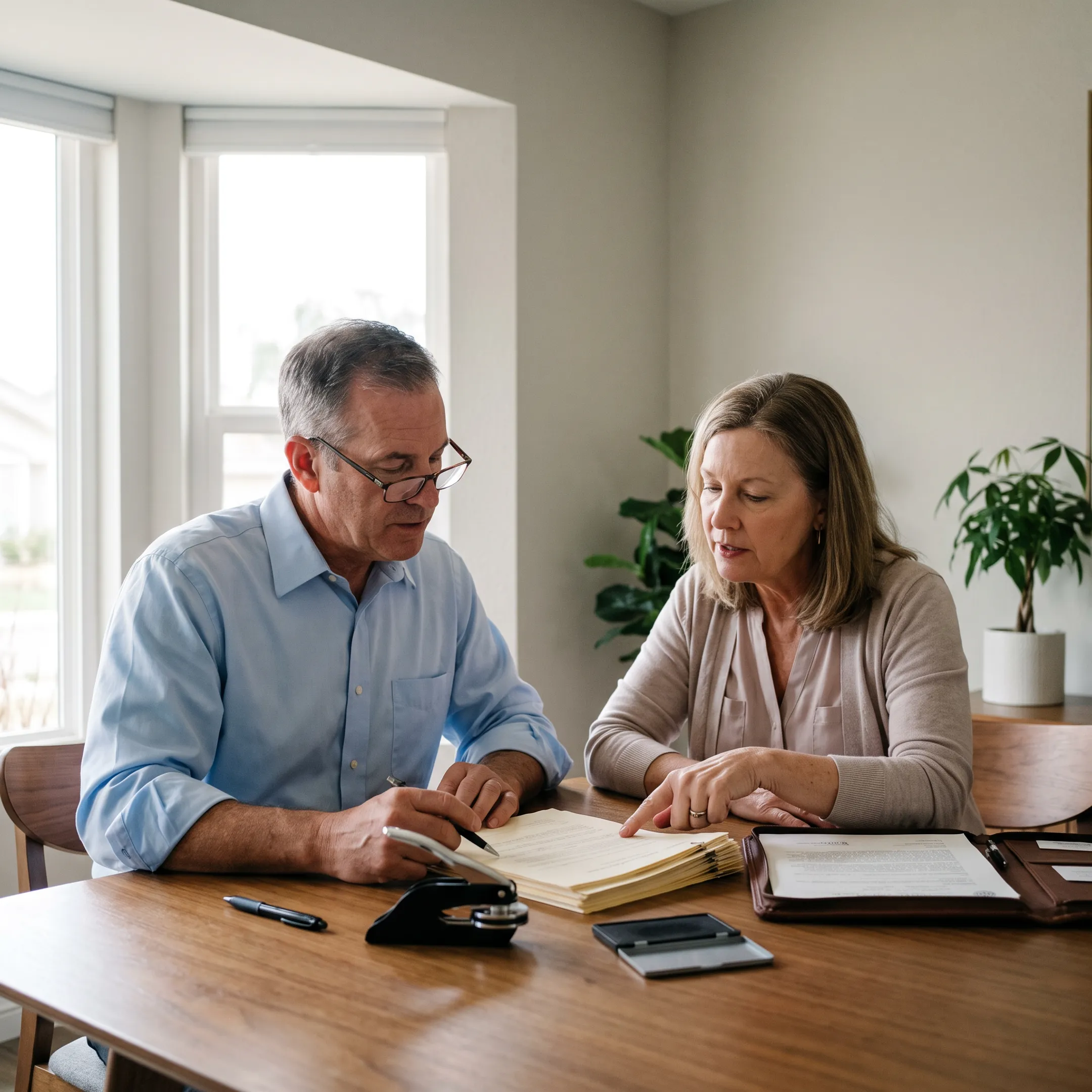 Mobile notary reviewing estate documents with a client