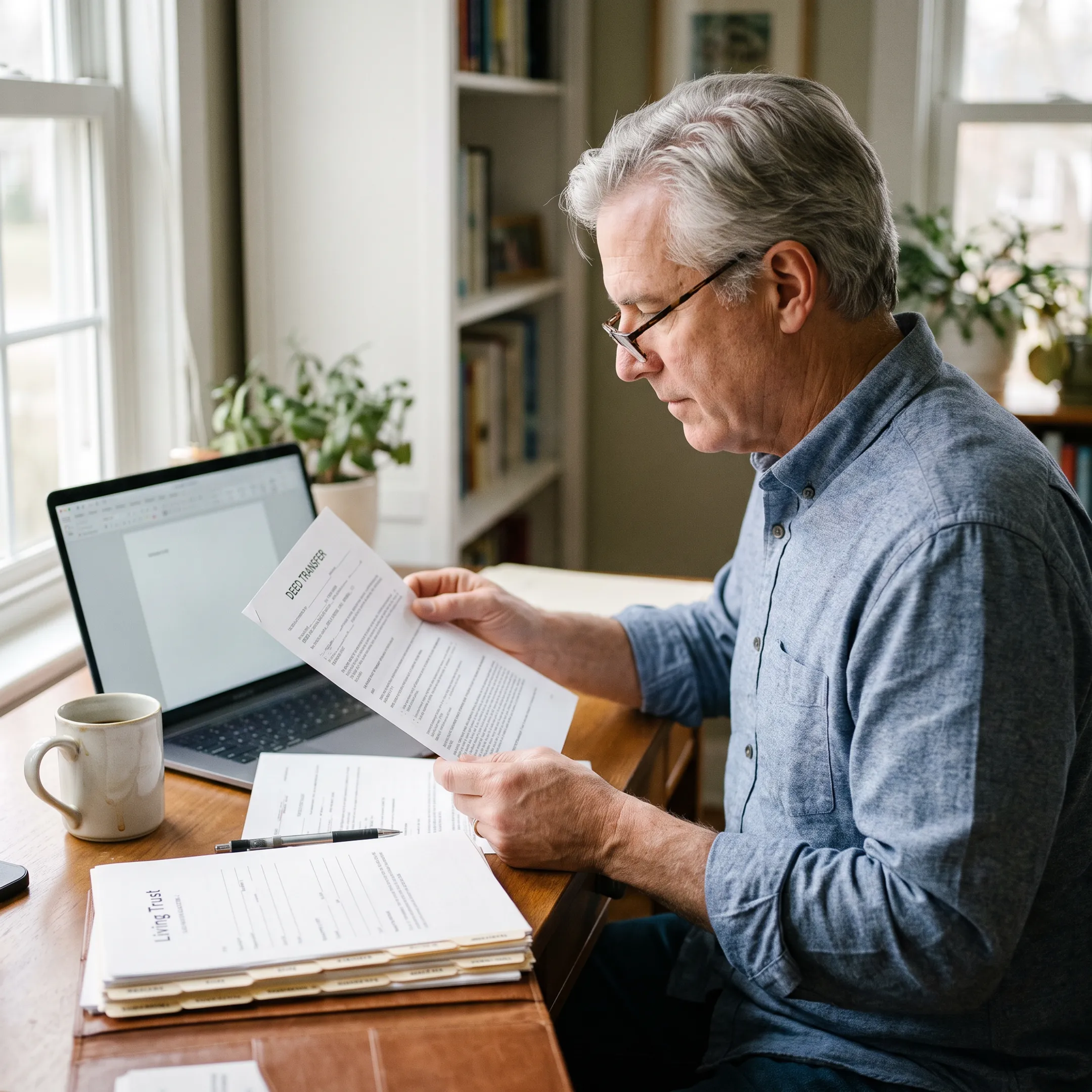 Homeowner reviewing property deed transfer documents online