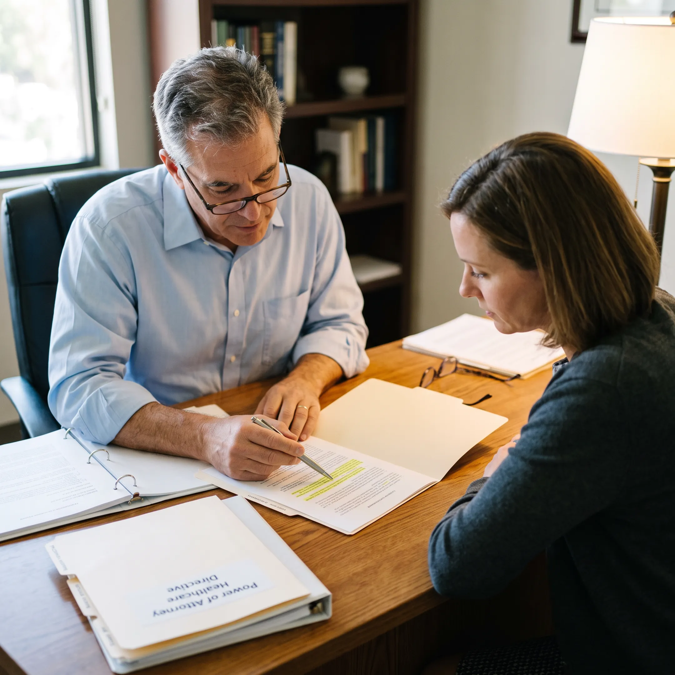 Person reviewing durable power of attorney and healthcare directive documents