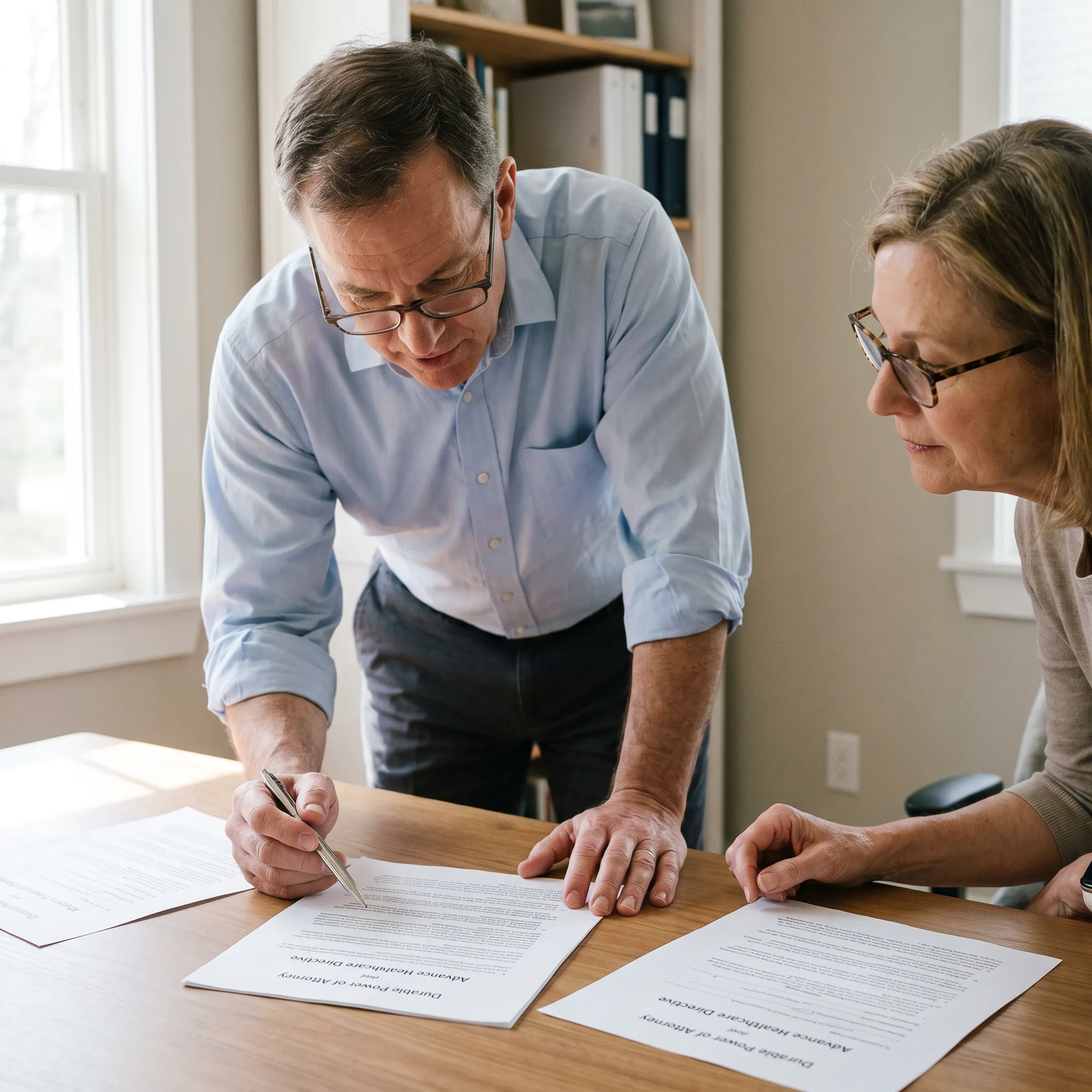 Professional explaining power of attorney and healthcare directive documents