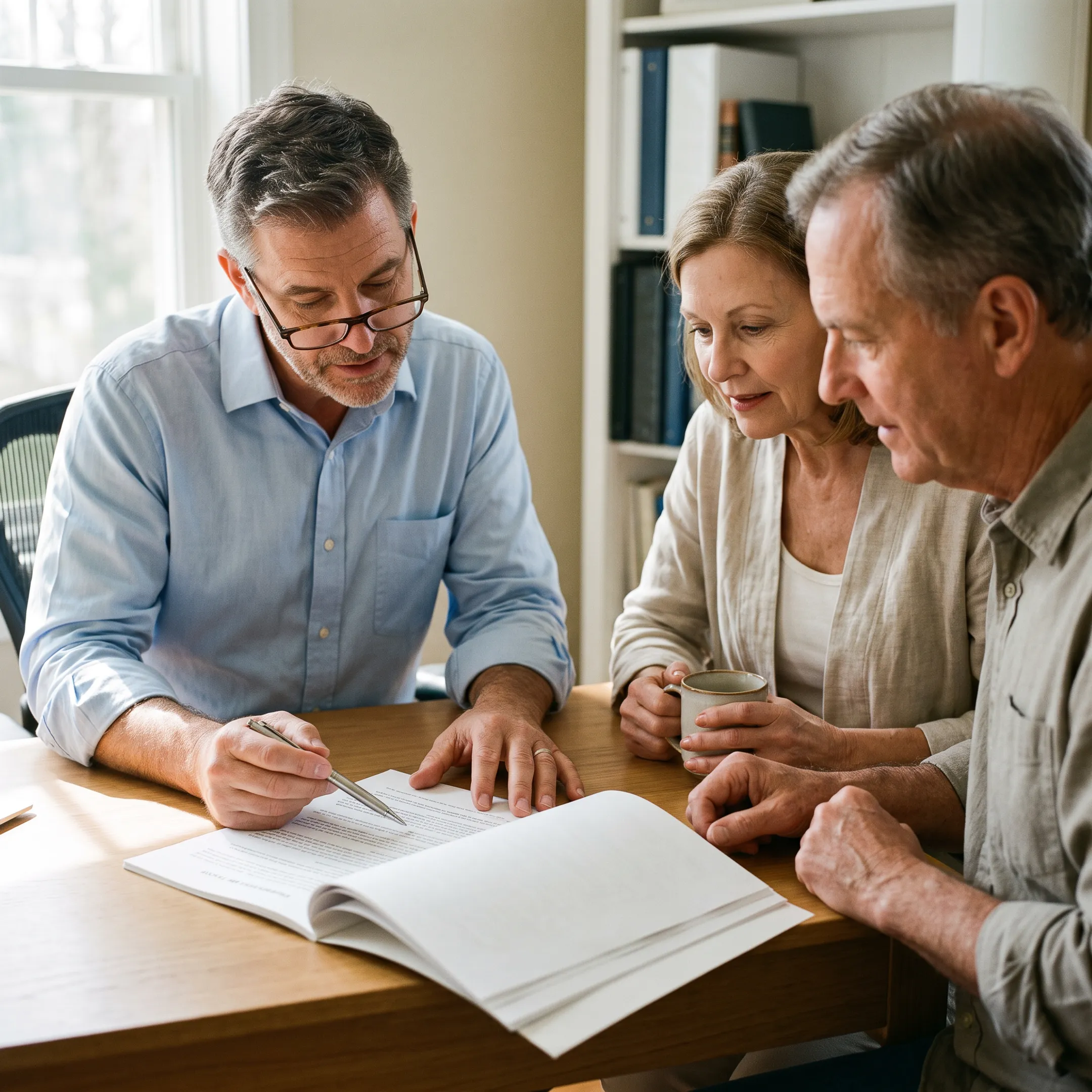 California homeowner reviewing living trust documents with a document preparation professional