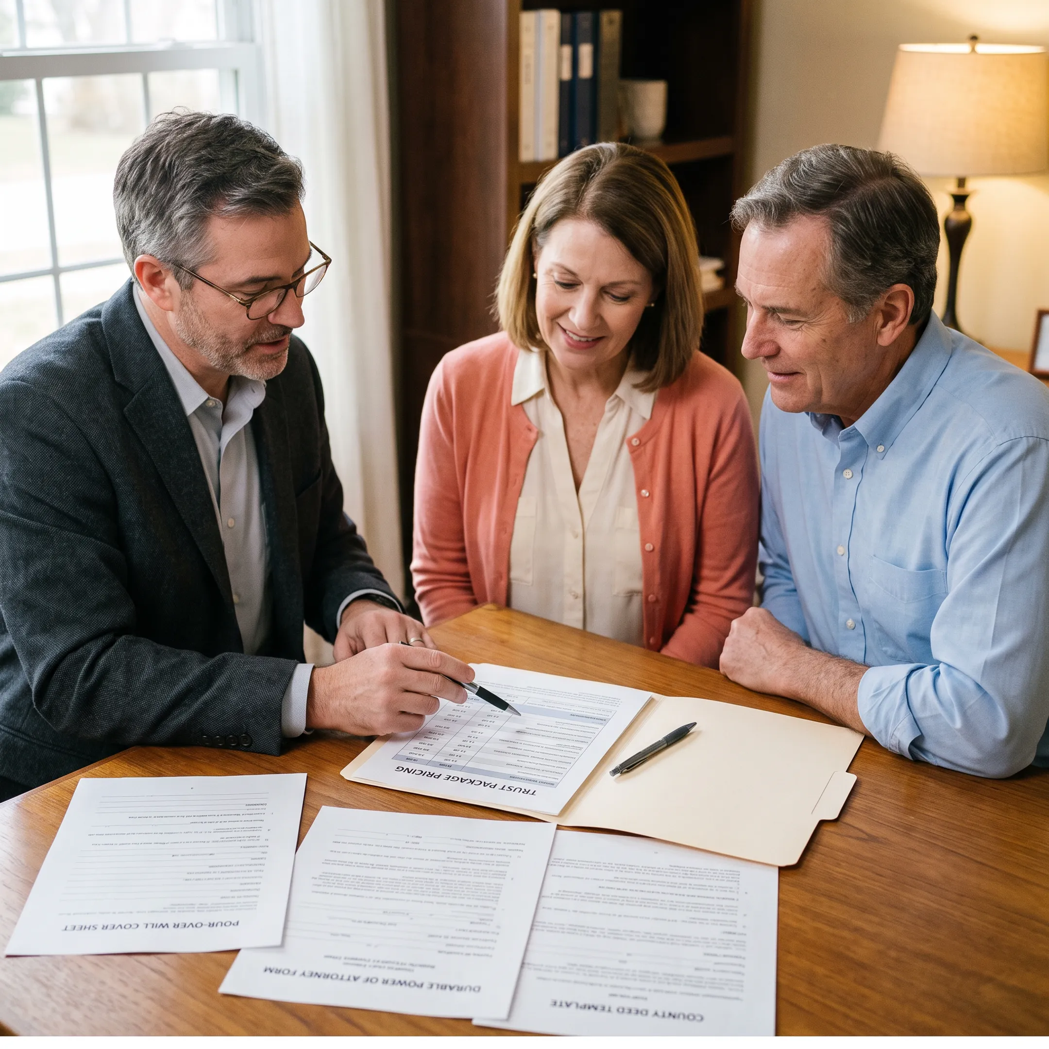 Homeowner reviewing living trust and probate planning documents