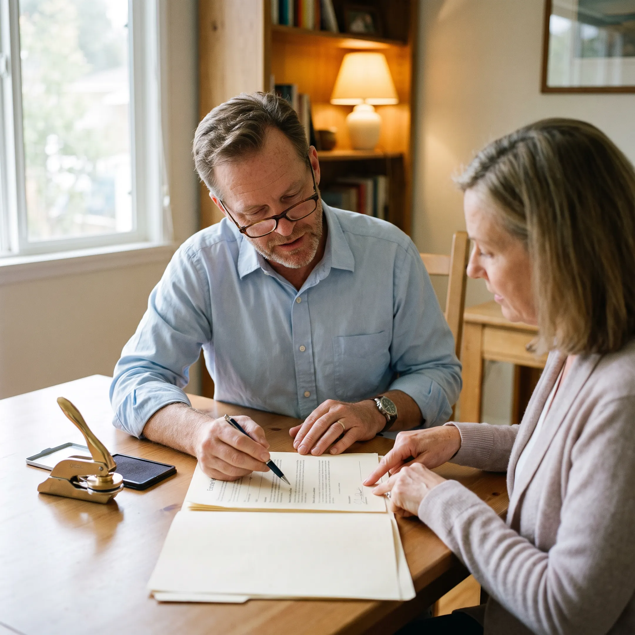 Mobile notary assisting a client with estate planning documents