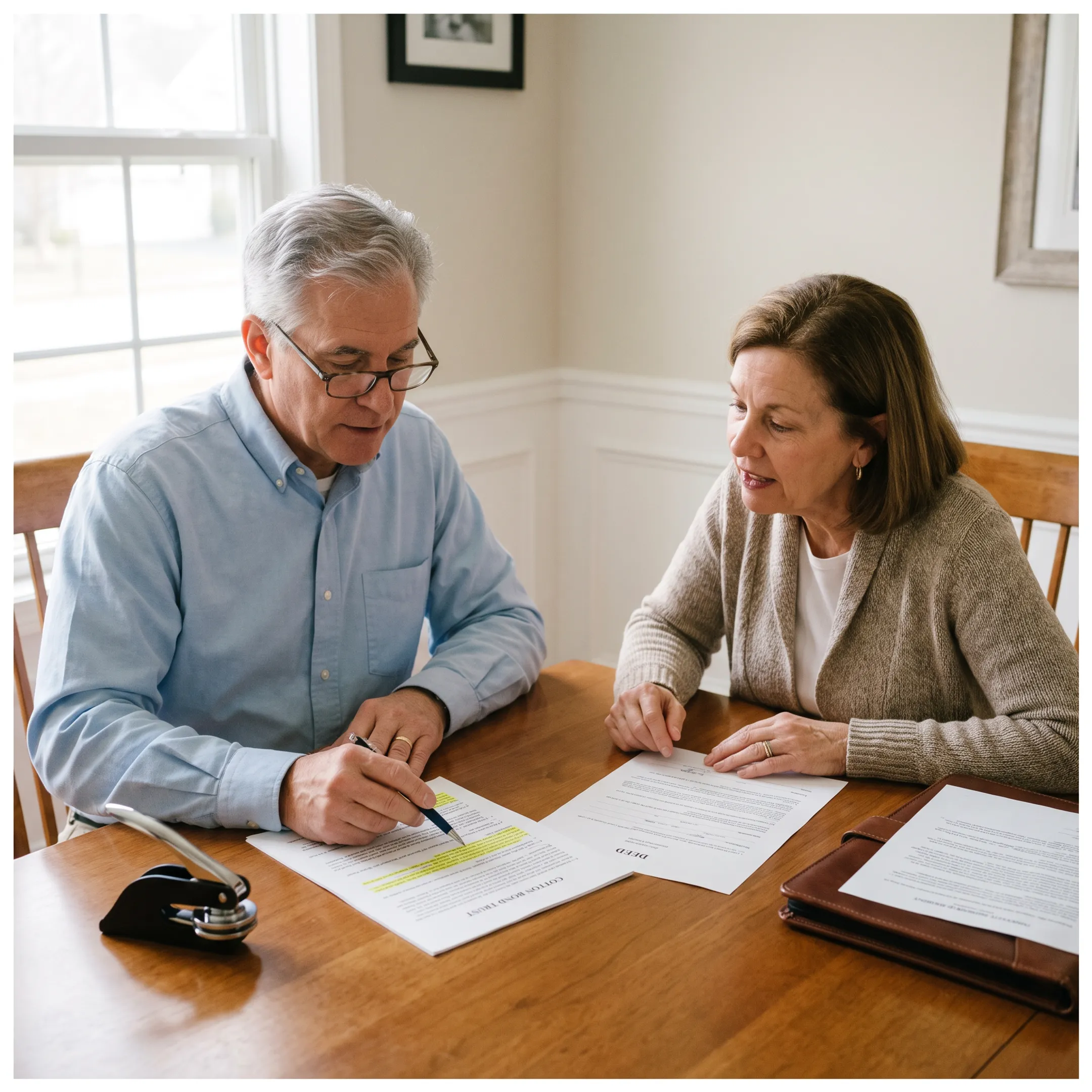 Notary reviewing trust documents with homeowner