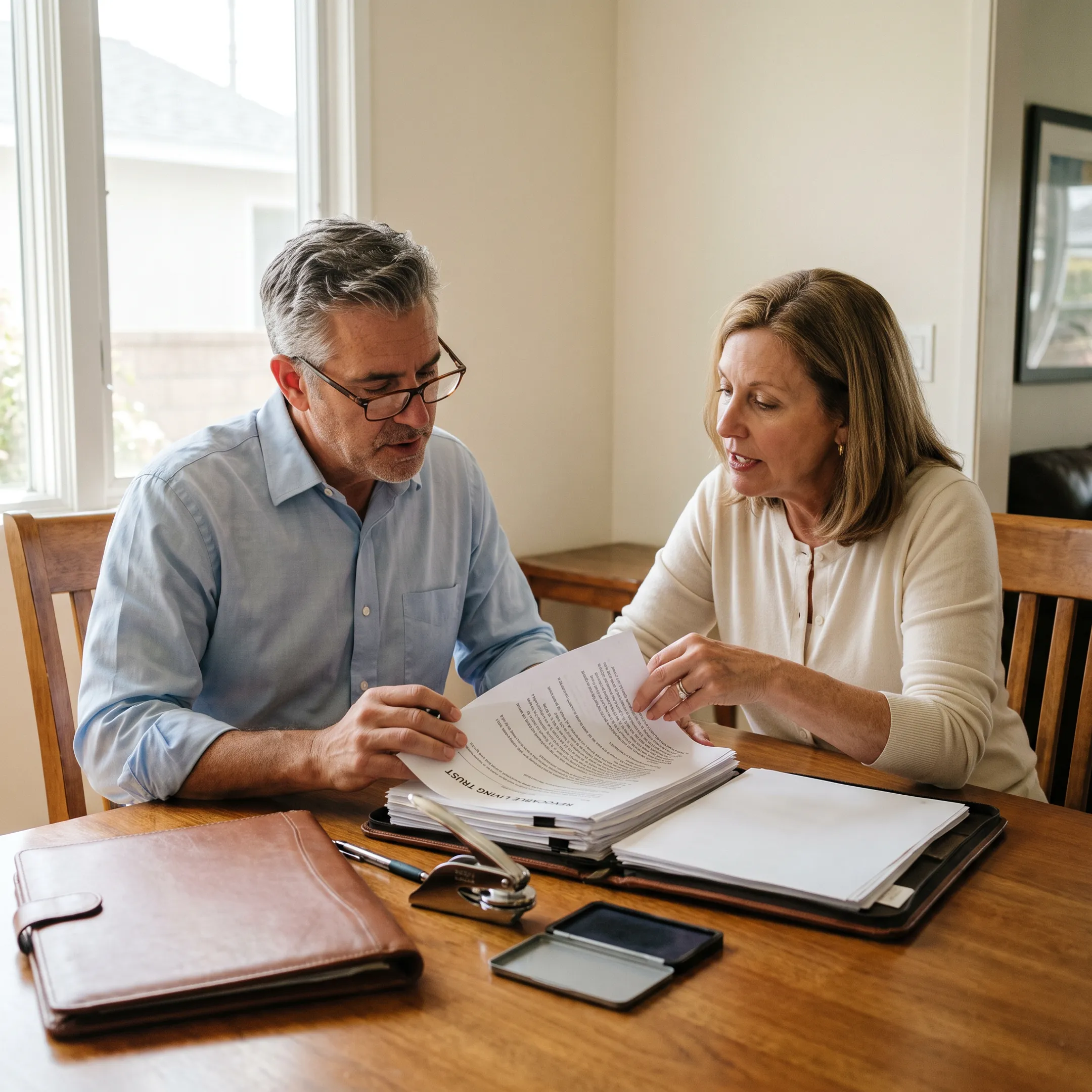 Mobile notary reviewing estate documents with a Huntington Beach client