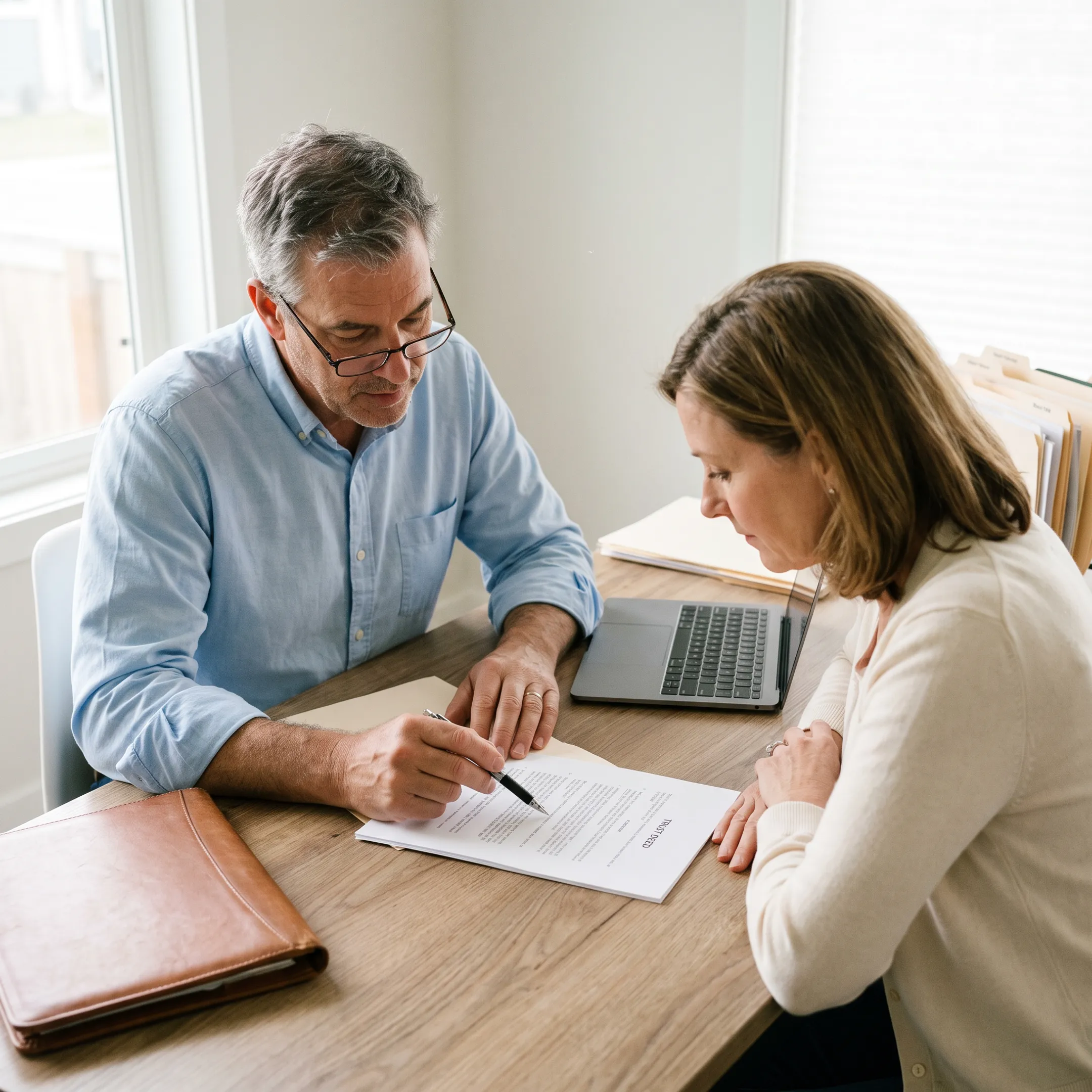 Document assistant reviewing trust deed paperwork with a homeowner