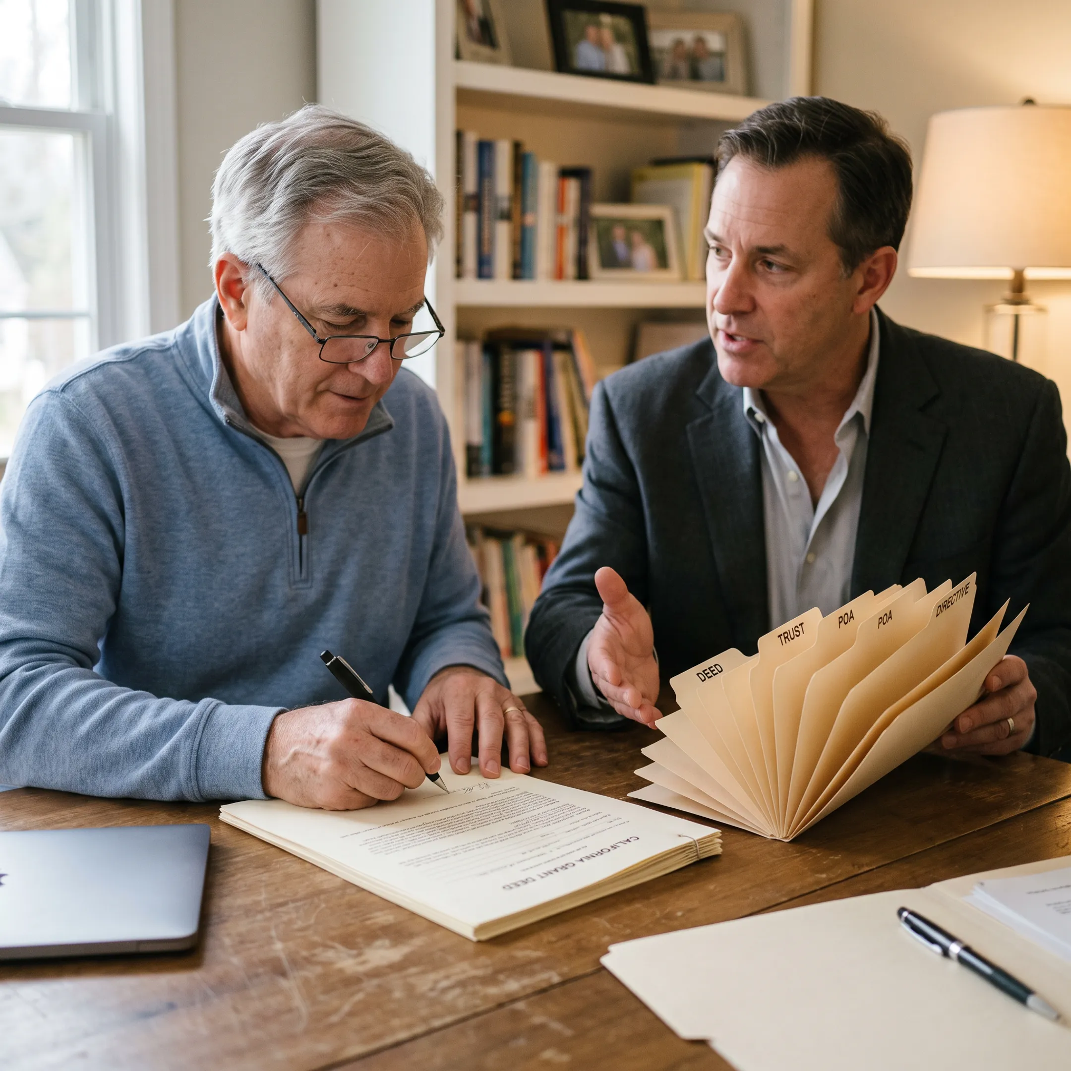Homeowner signing a deed transfer document for a living trust