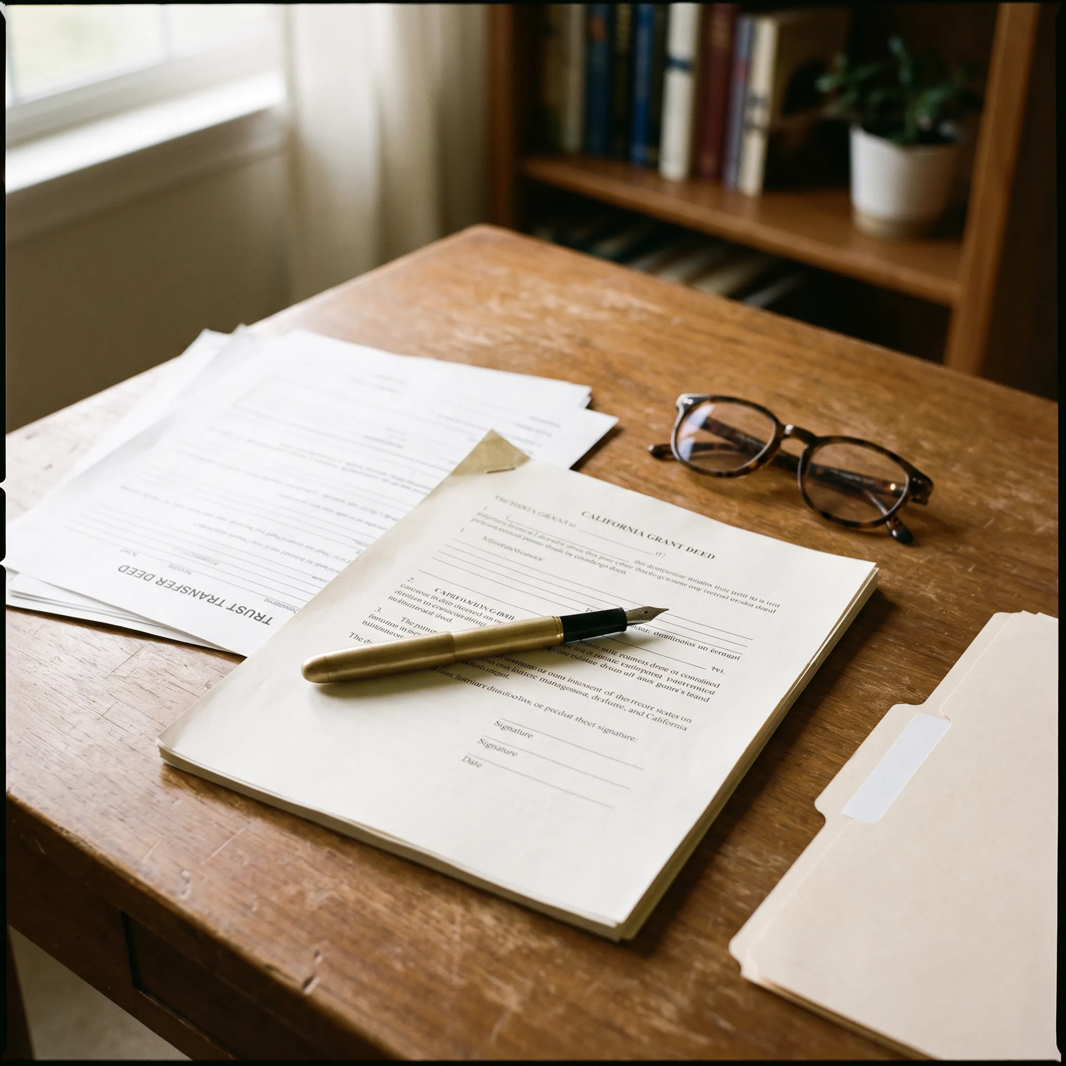 Real estate transfer forms prepared beside a residential property deed