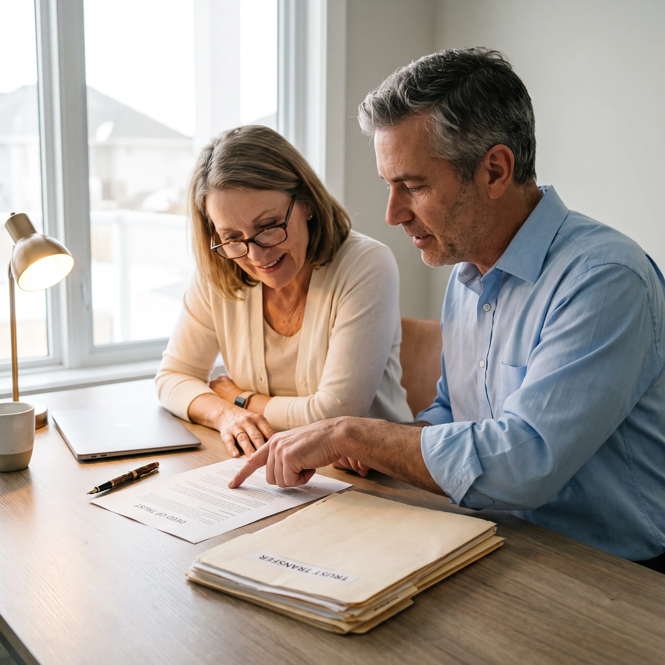 Professional reviewing property transfer documents with a homeowner
