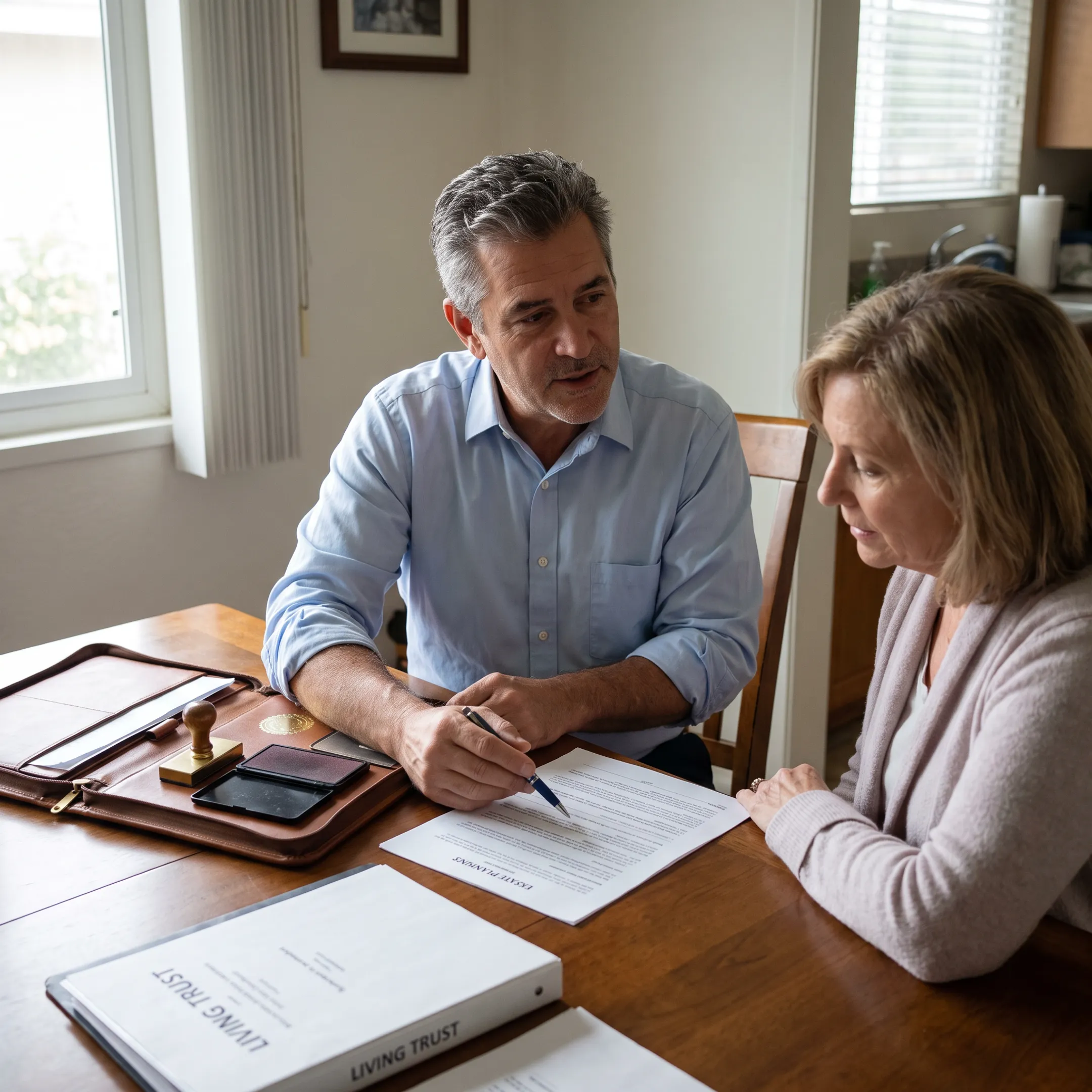 Mobile notary reviewing estate documents with a client