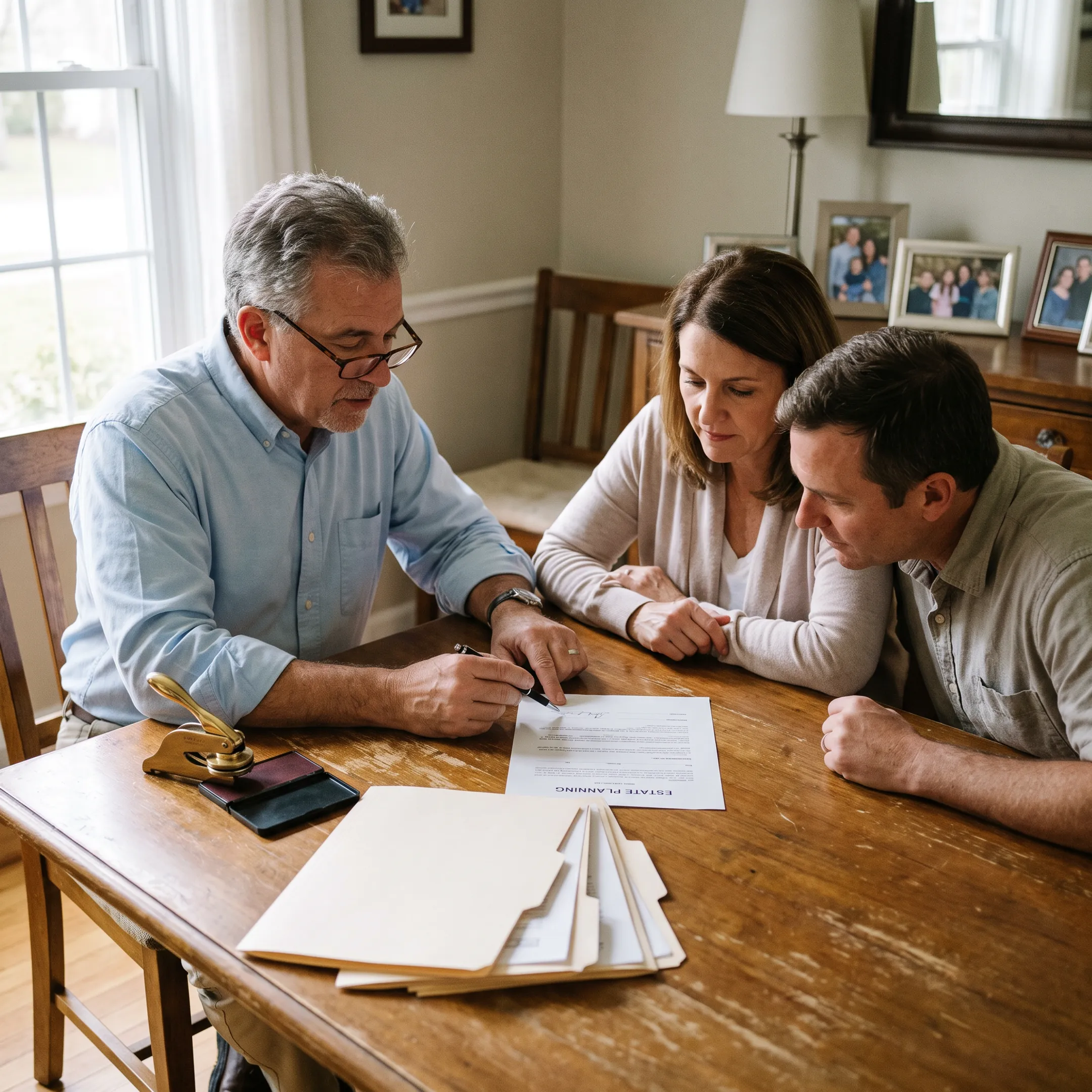 Mobile notary reviewing documents with a client at a home table