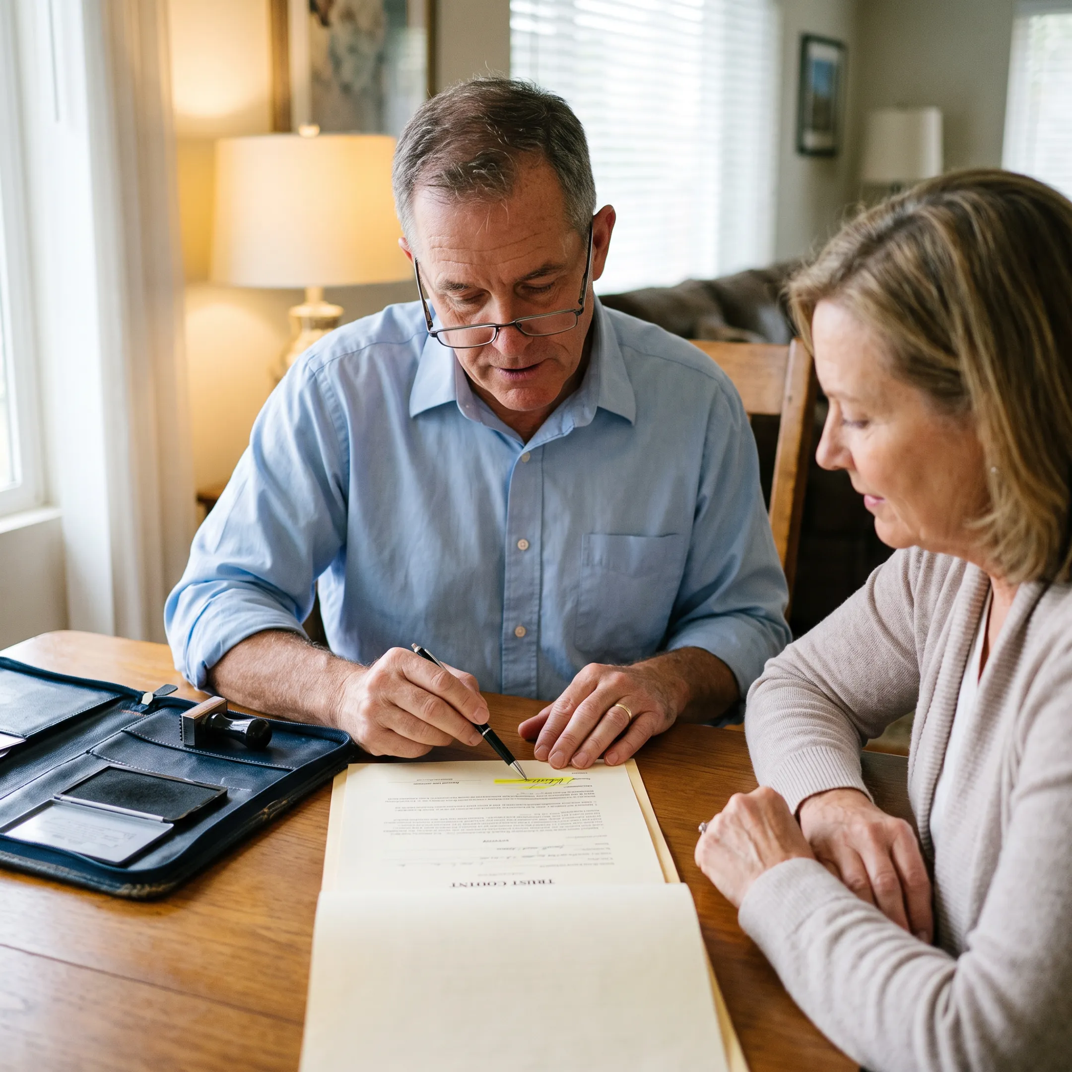 Notary assisting client with trust documents