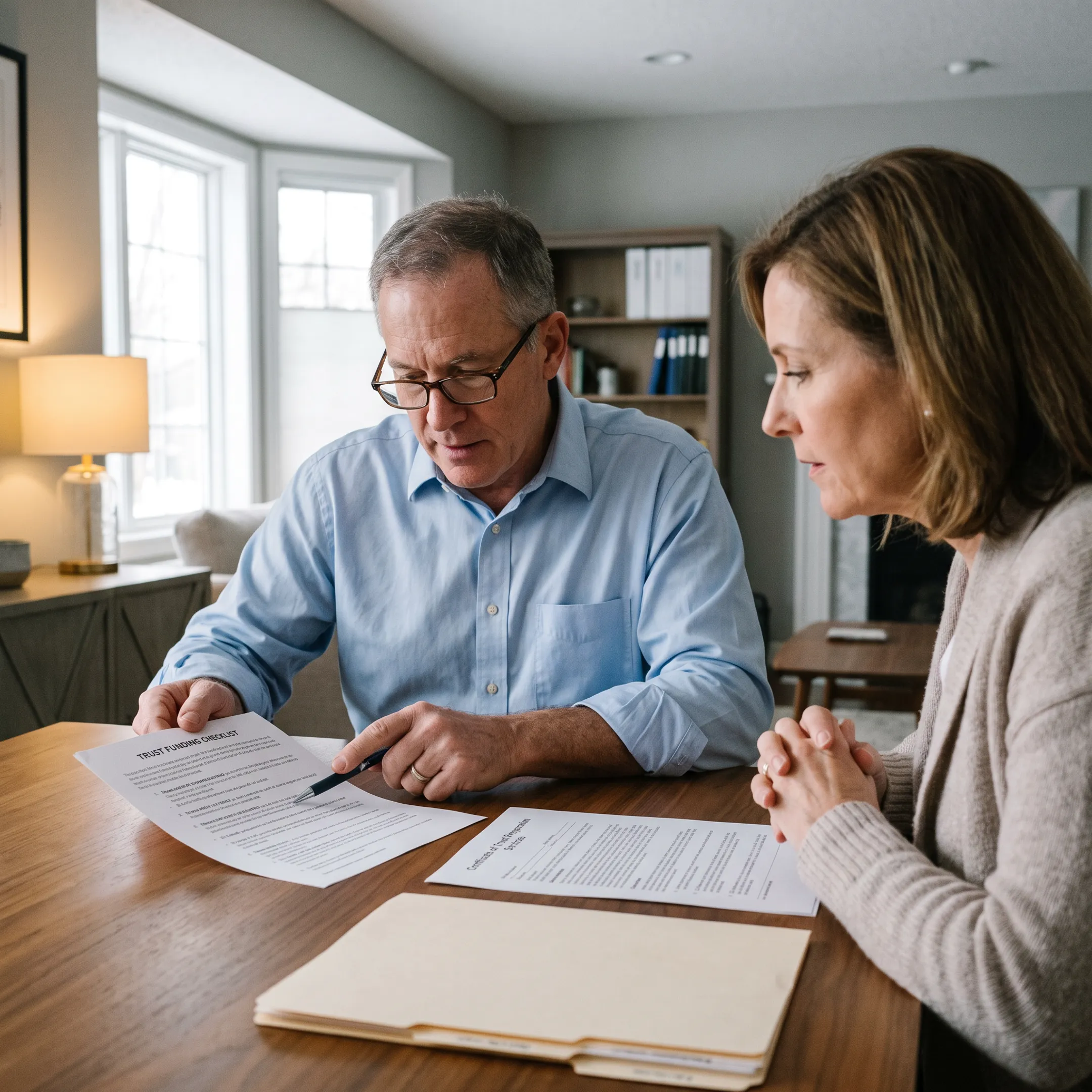 Professional explaining trust funding documents to a homeowner