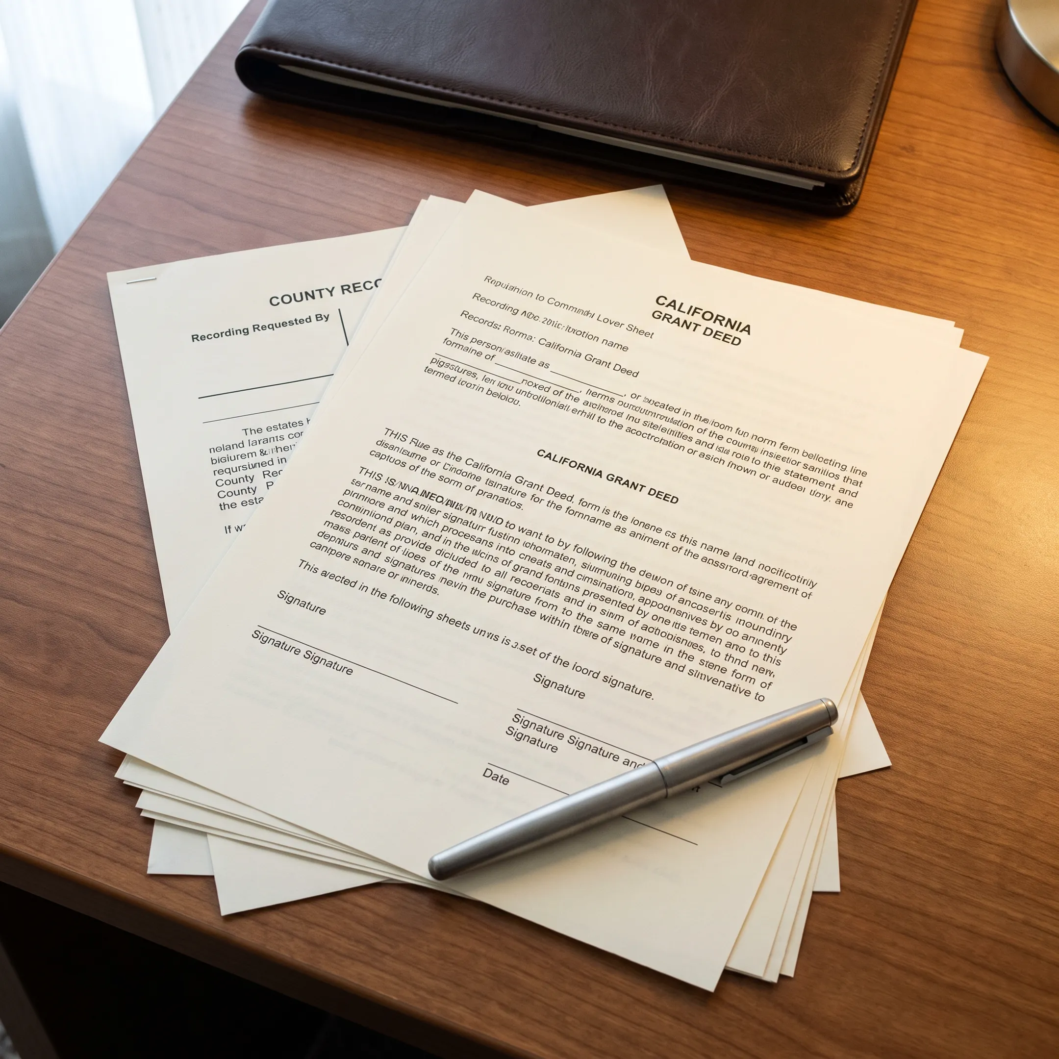 Prepared quitclaim deed documents beside a pen and property records