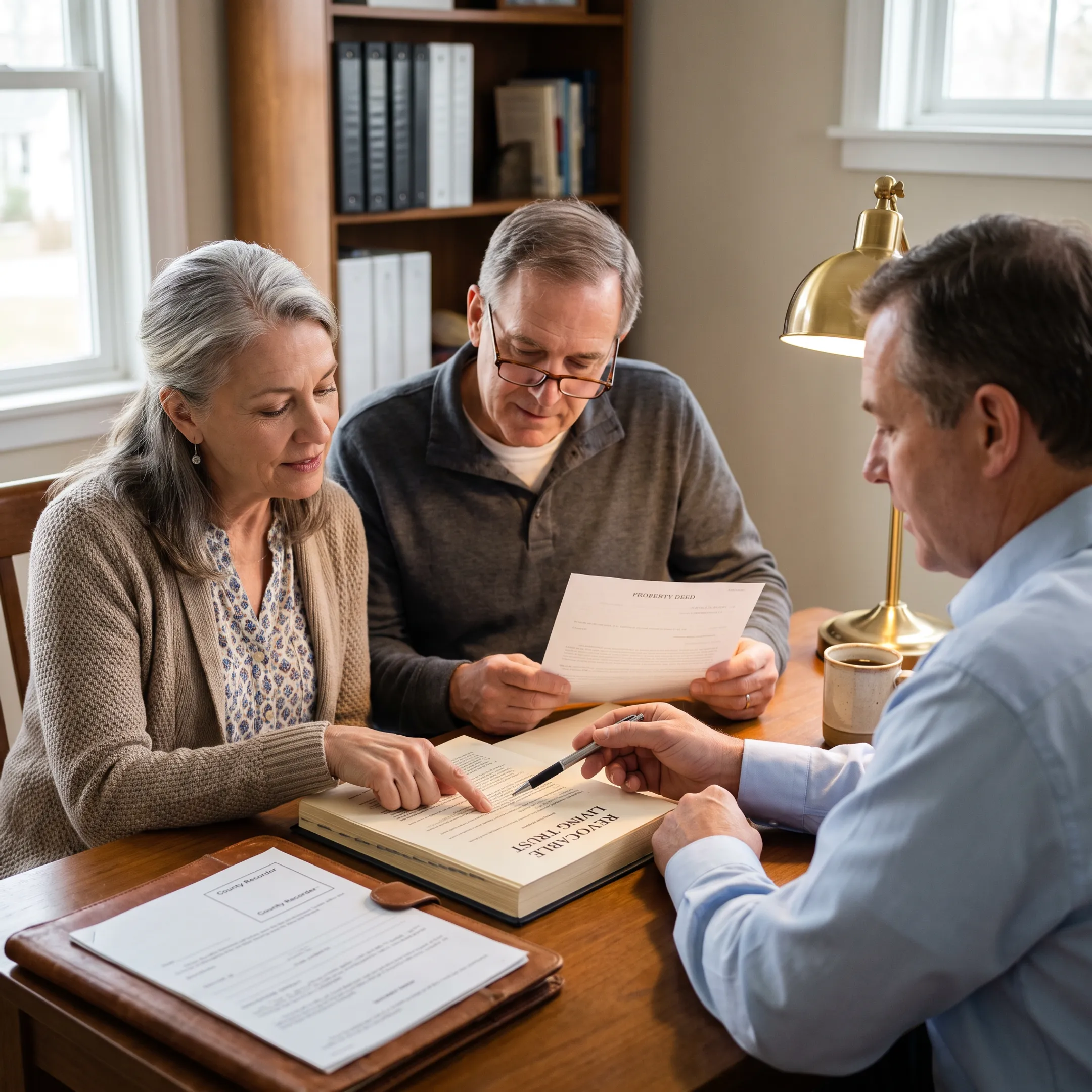 Person reviewing revocable living trust forms and estate planning documents