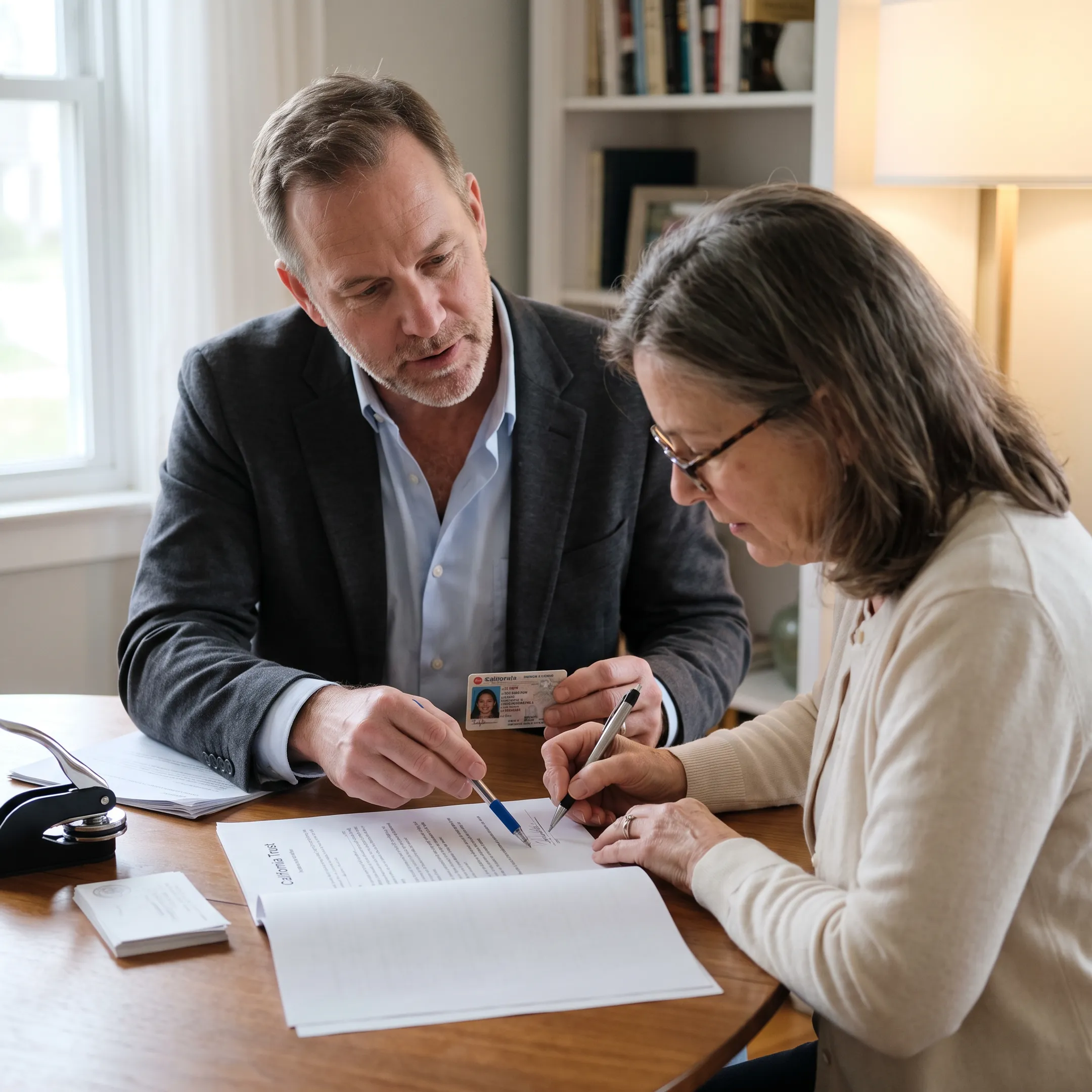 Client signing trust documents with mobile notary assistance
