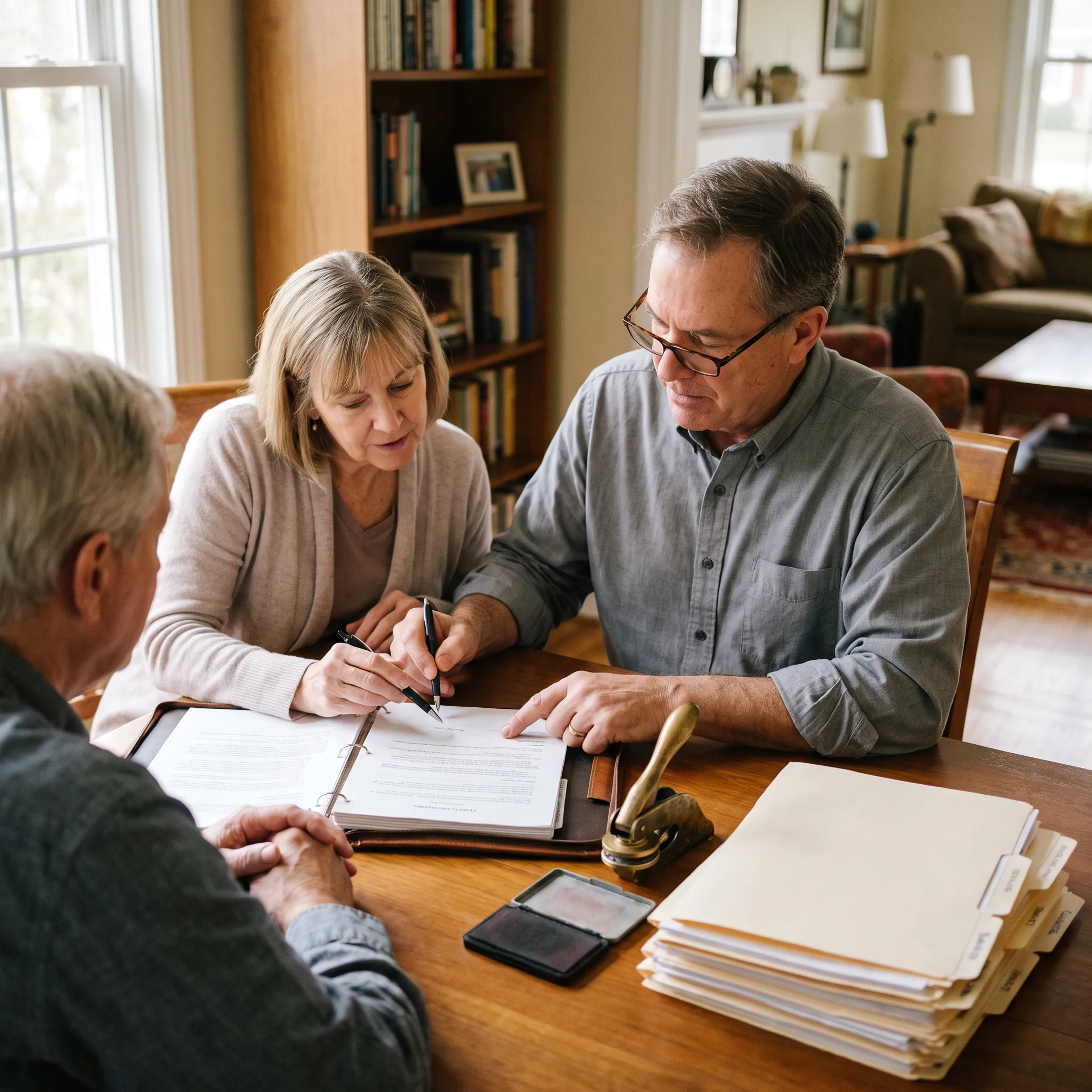 Mobile notary reviewing estate planning documents with a client