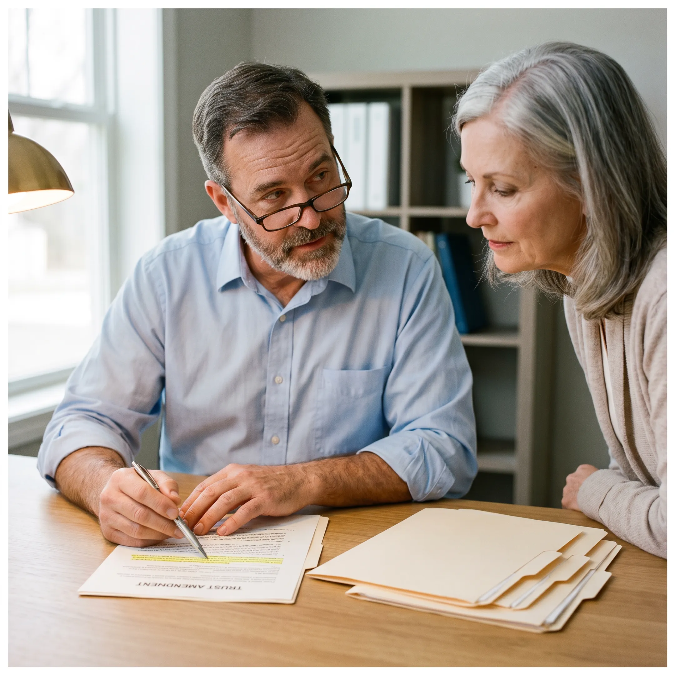HomeTrust specialist reviewing a living trust amendment document with a homeowner