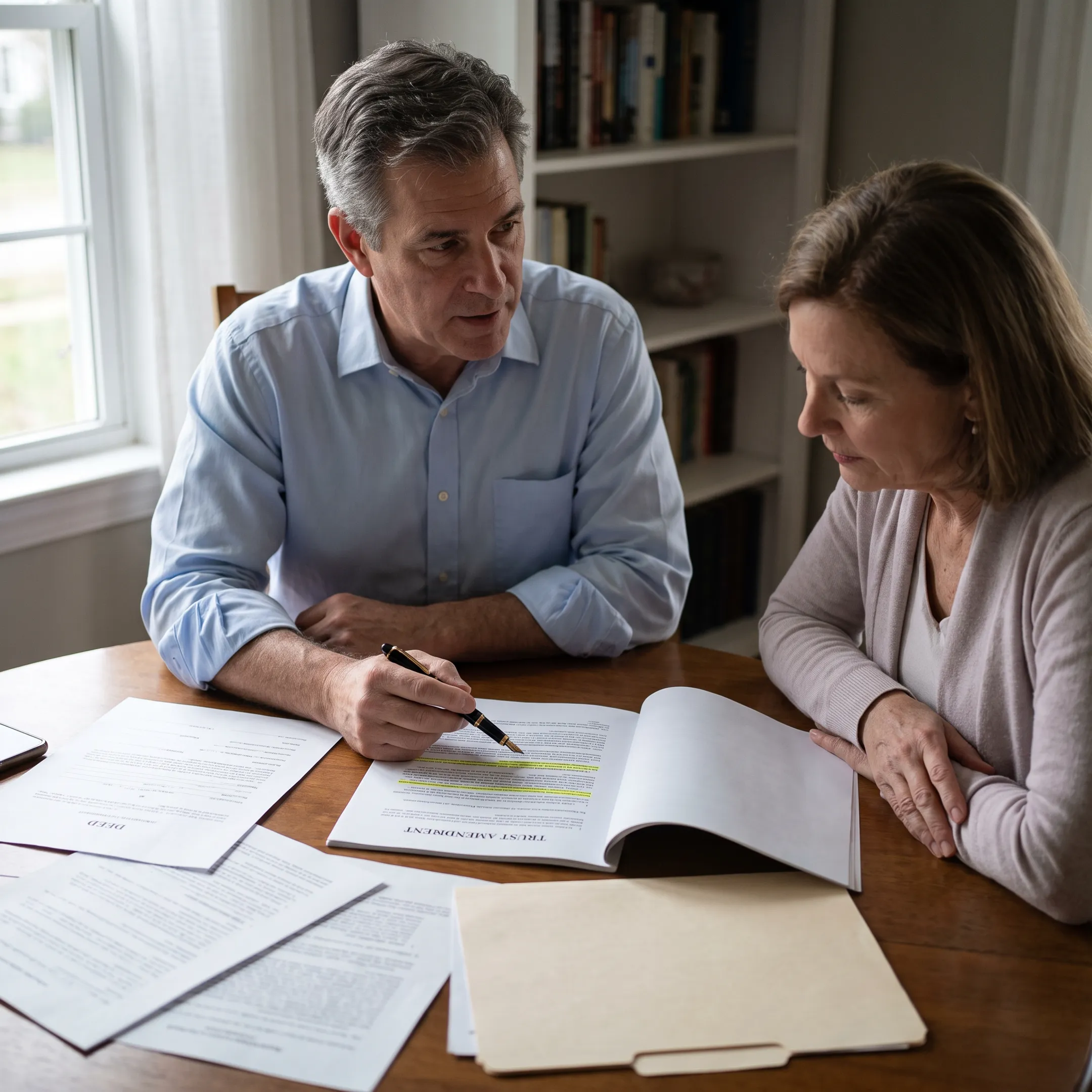 Specialist explaining living trust amendment paperwork to a homeowner
