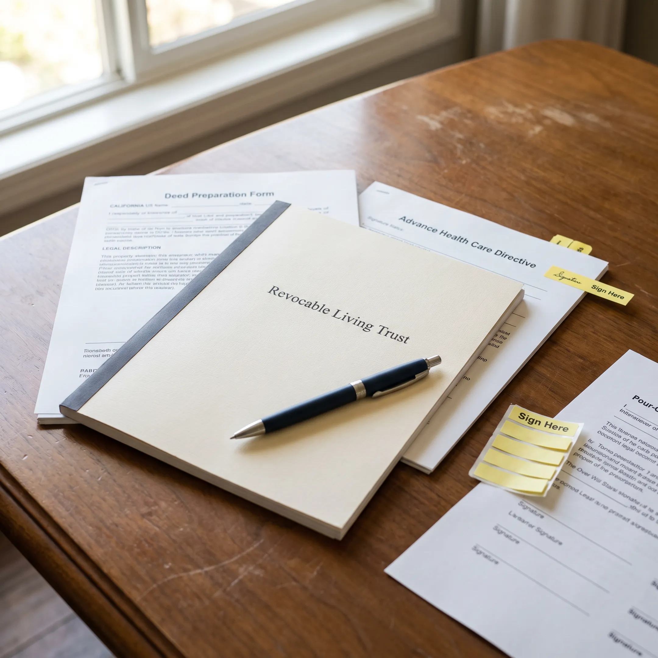Completed estate planning documents arranged for signing