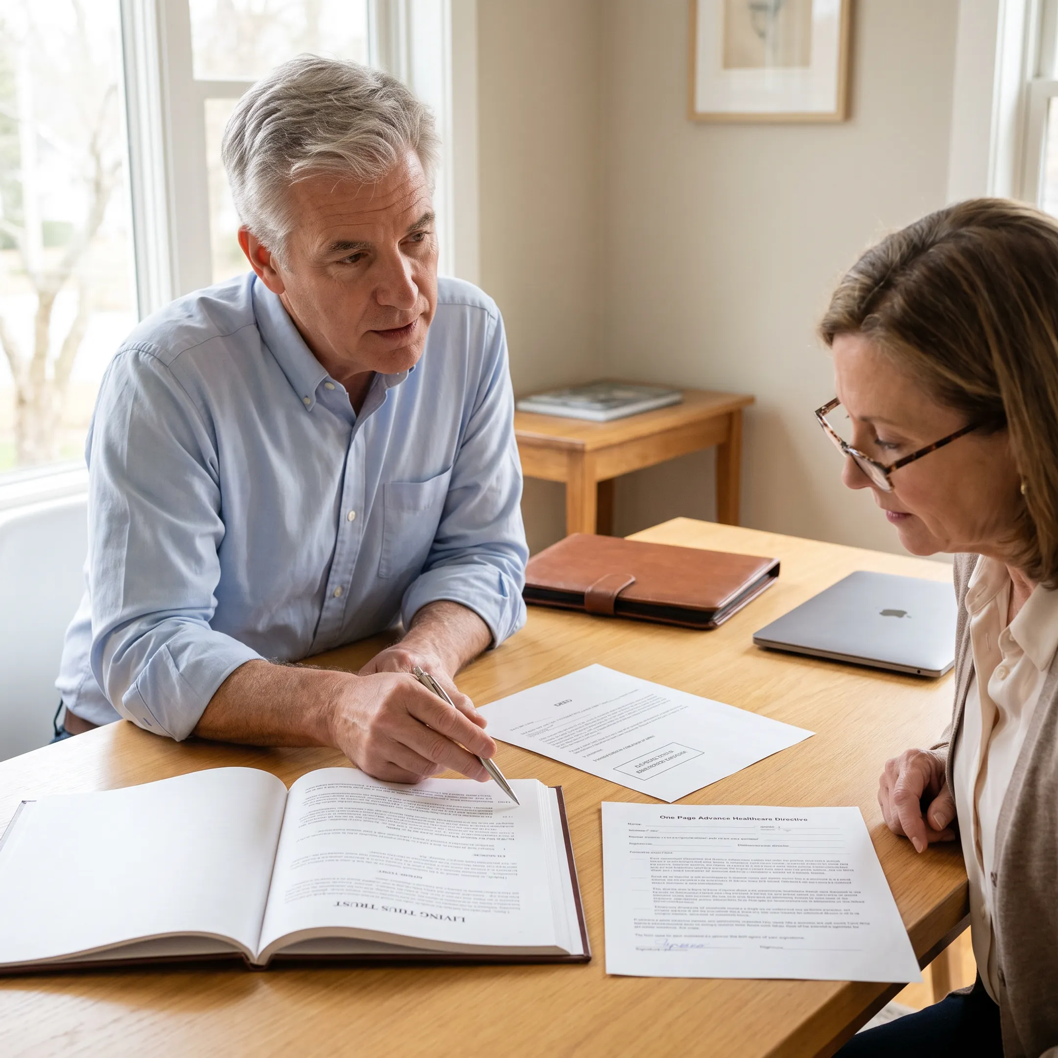 HomeTrust document preparer reviewing estate planning papers with a homeowner