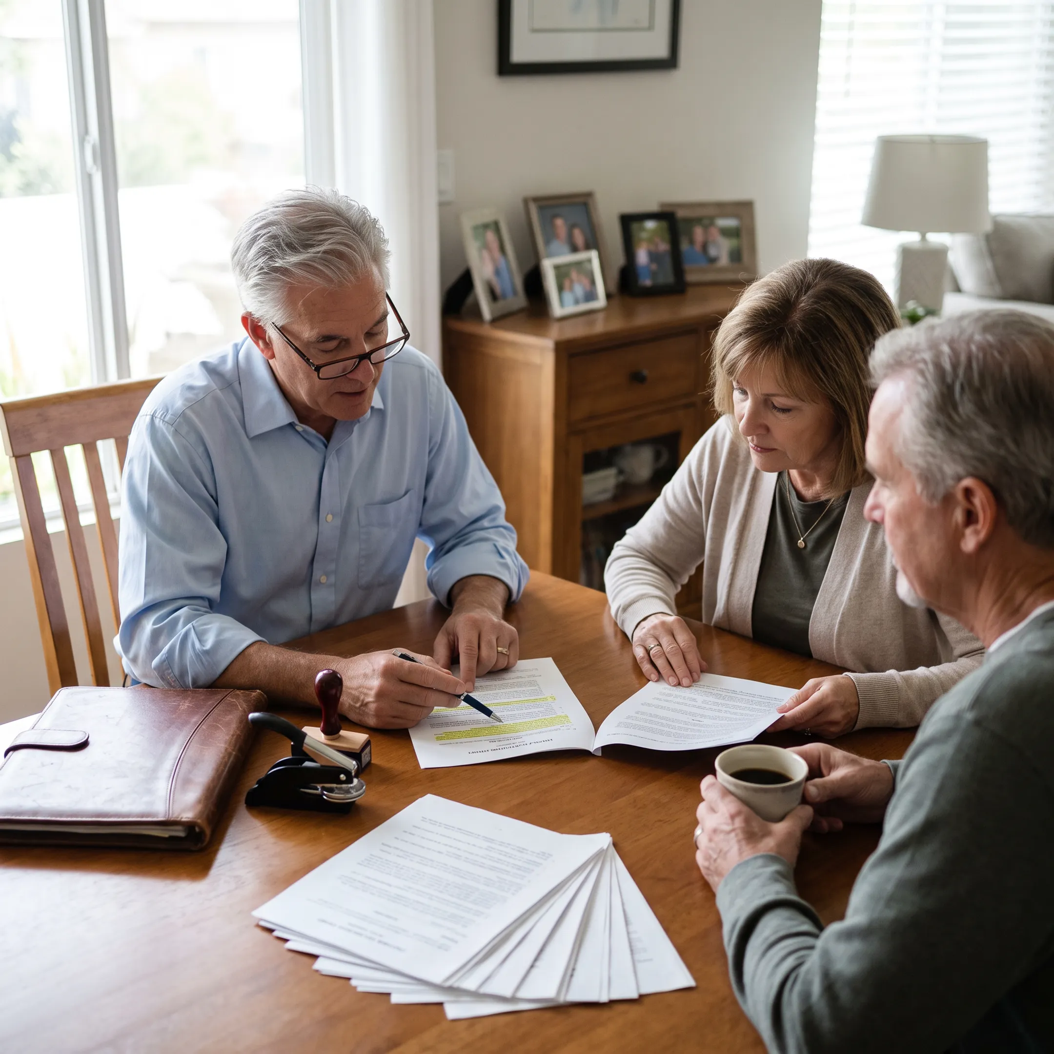Mobile notary reviewing estate documents with a client at a home table