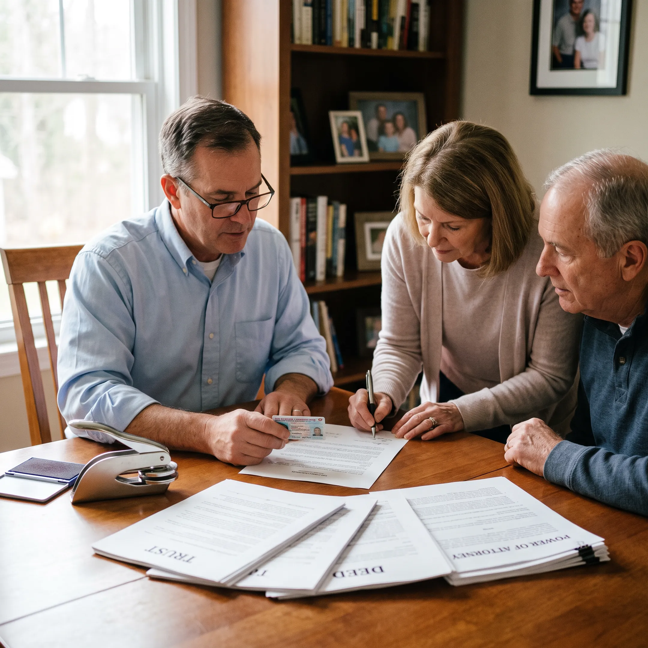 Notary helping clients sign trust documents at home