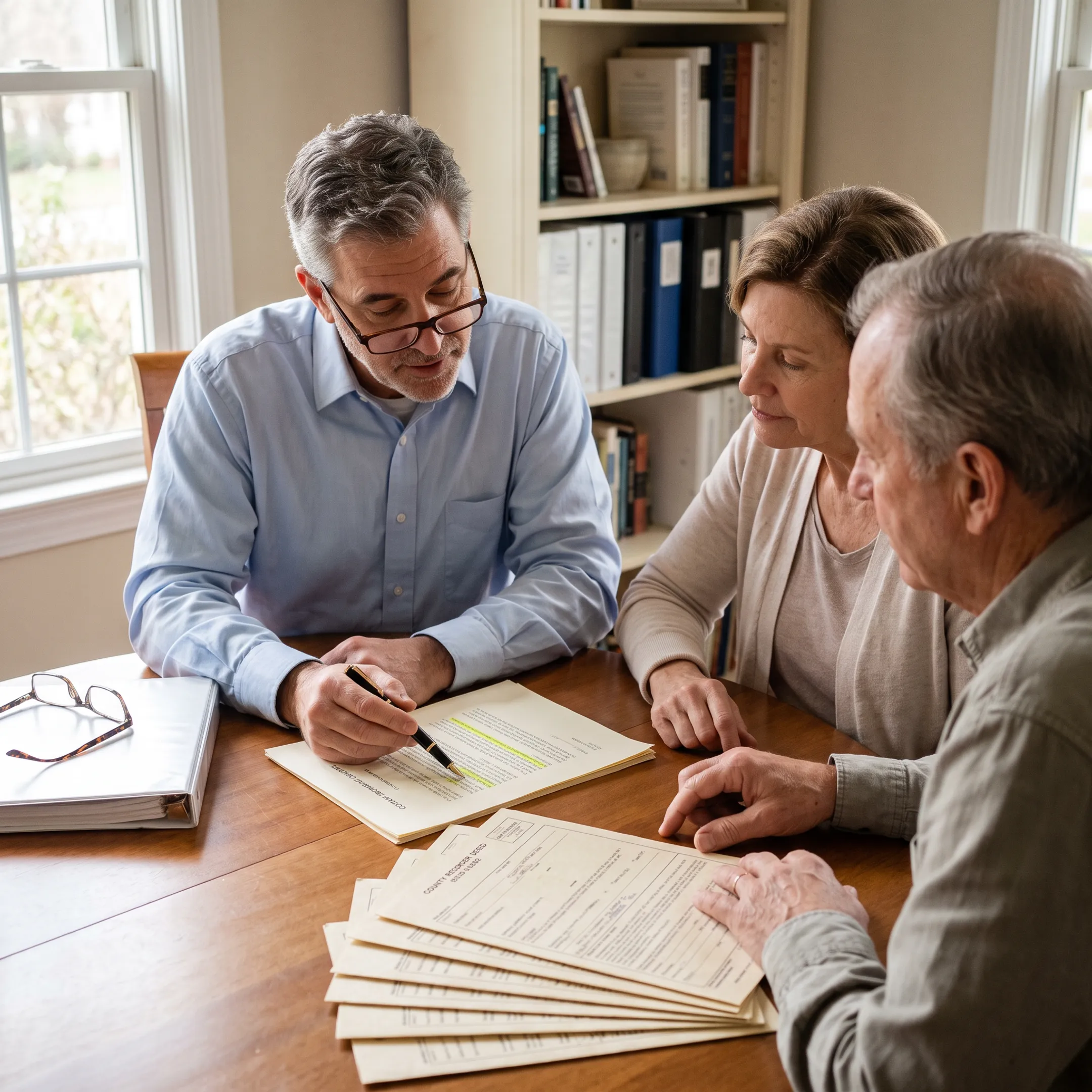 Professional explaining trust funding and deed documents to a California homeowner