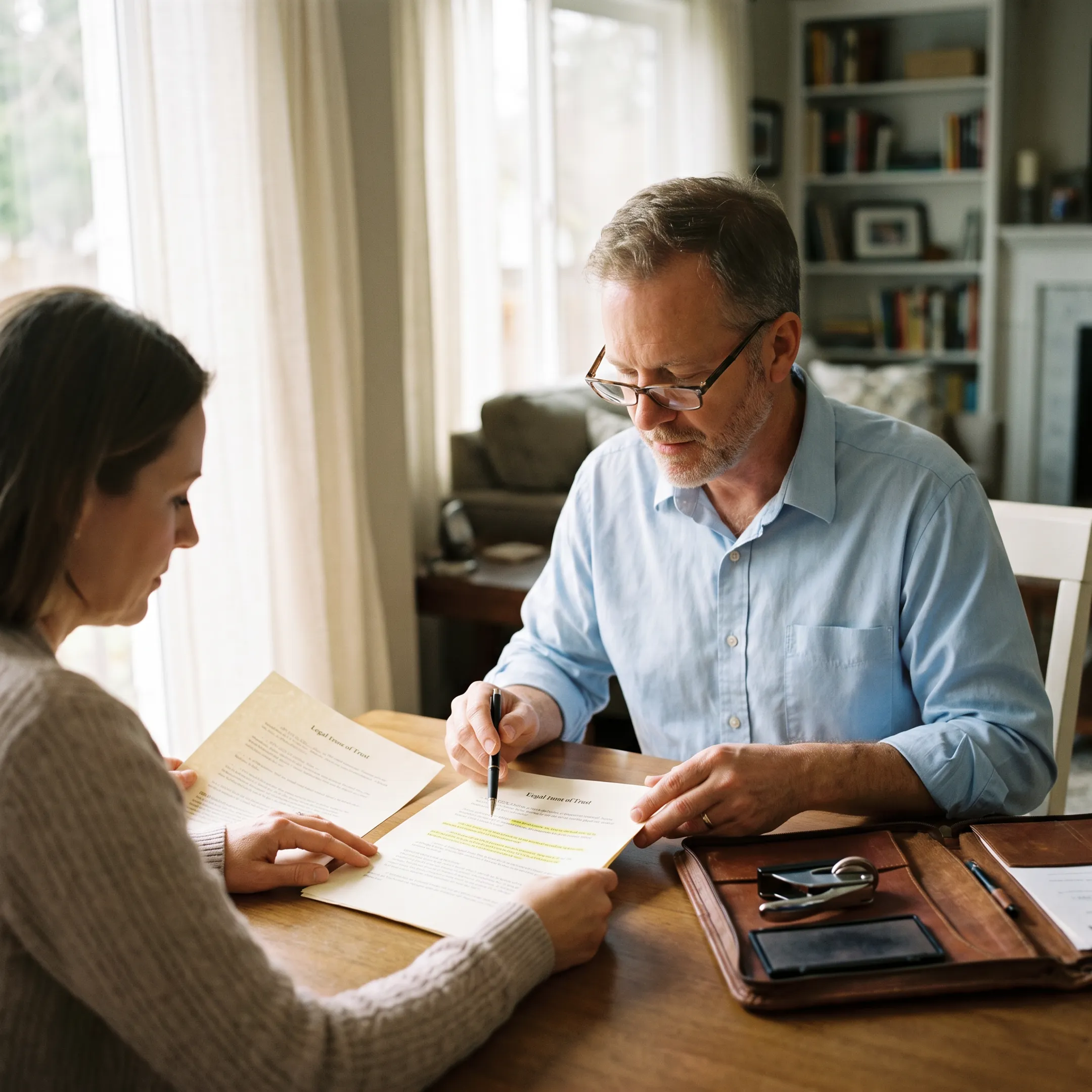 Mobile notary reviewing documents with a client at a table