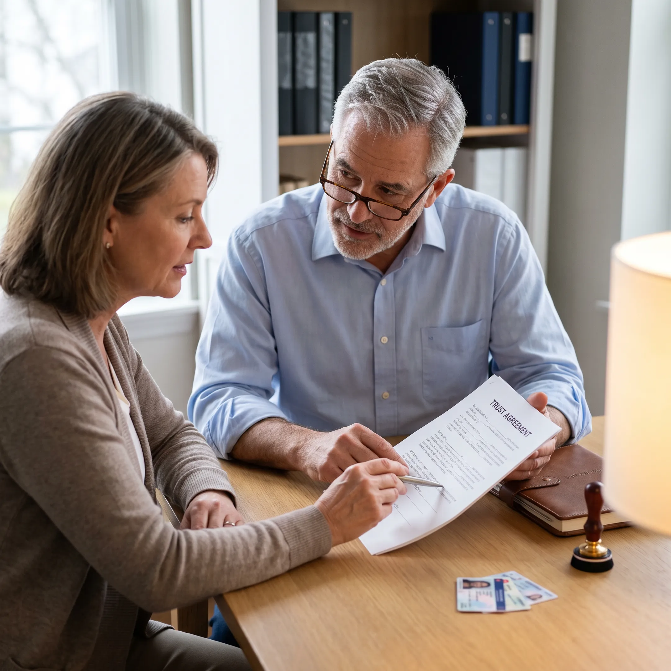 Notary reviewing estate-planning documents with a client