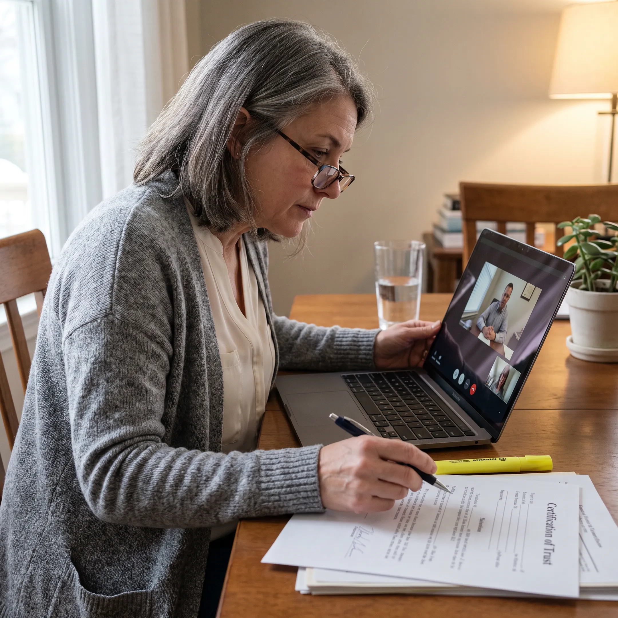 Client reviewing estate documents during an online notary appointment