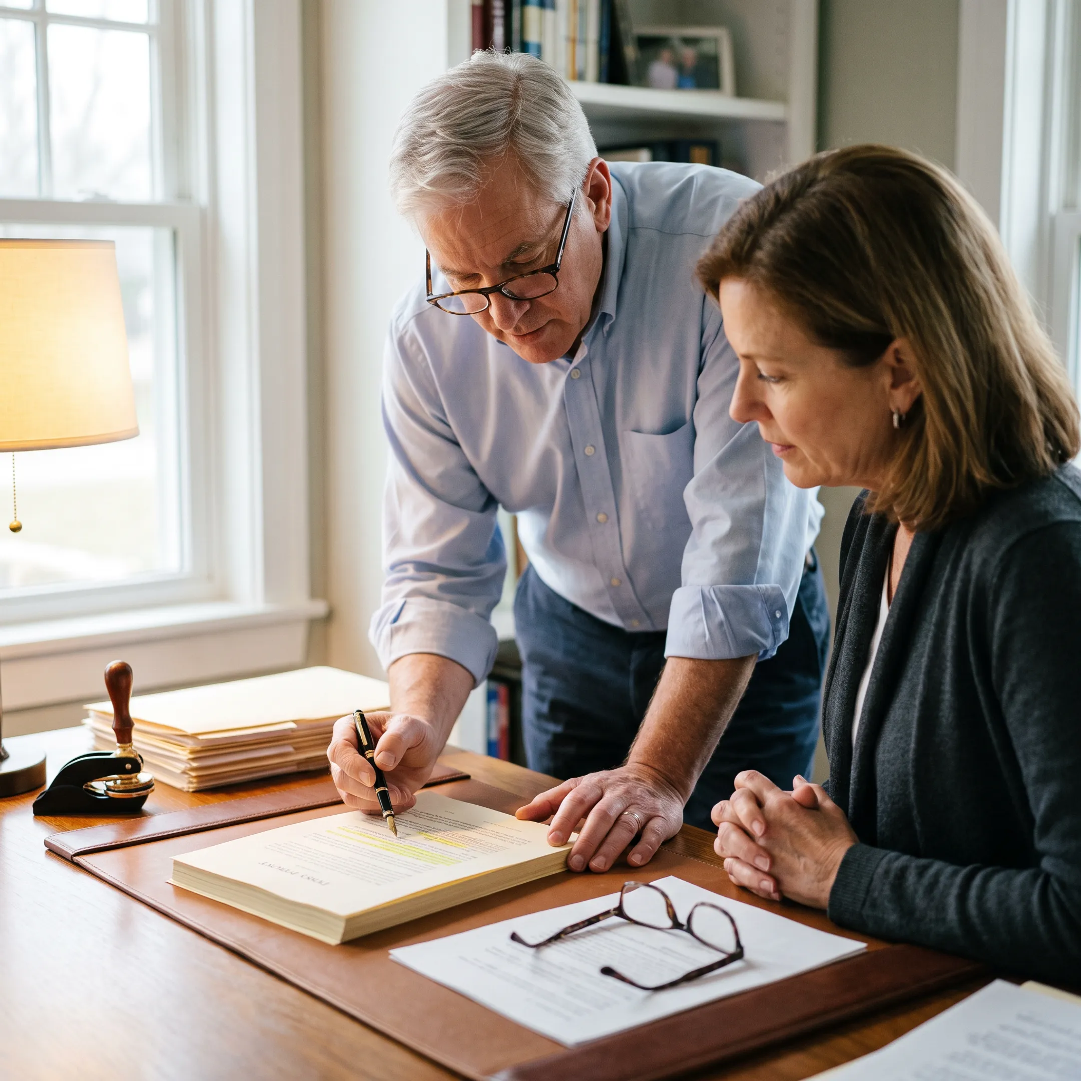 Notary reviewing estate-planning documents with a client at a signing appointment